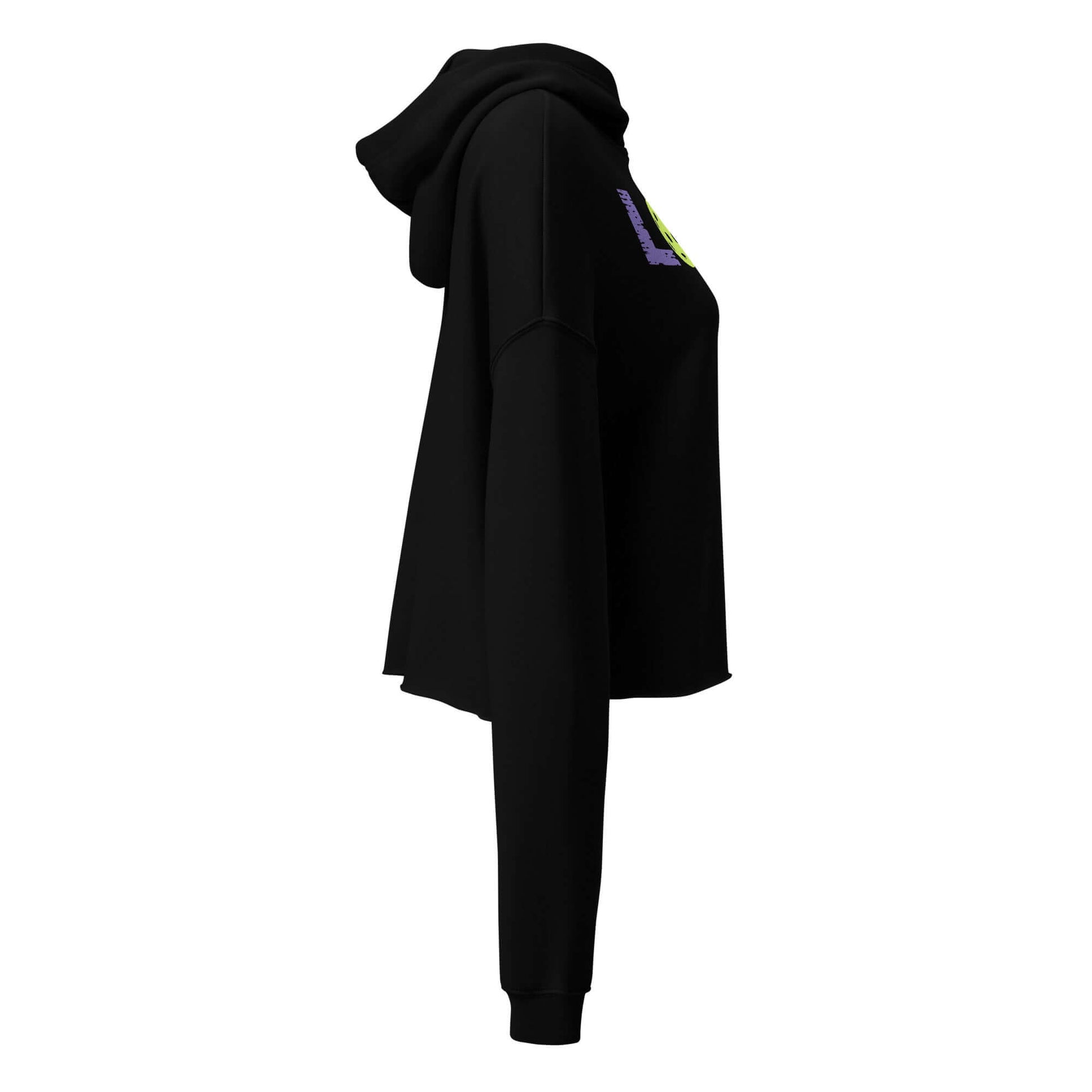 Women’s LOVE Pickleball Crop Hoodie in black, showcasing bold design with modern pickleball logo.