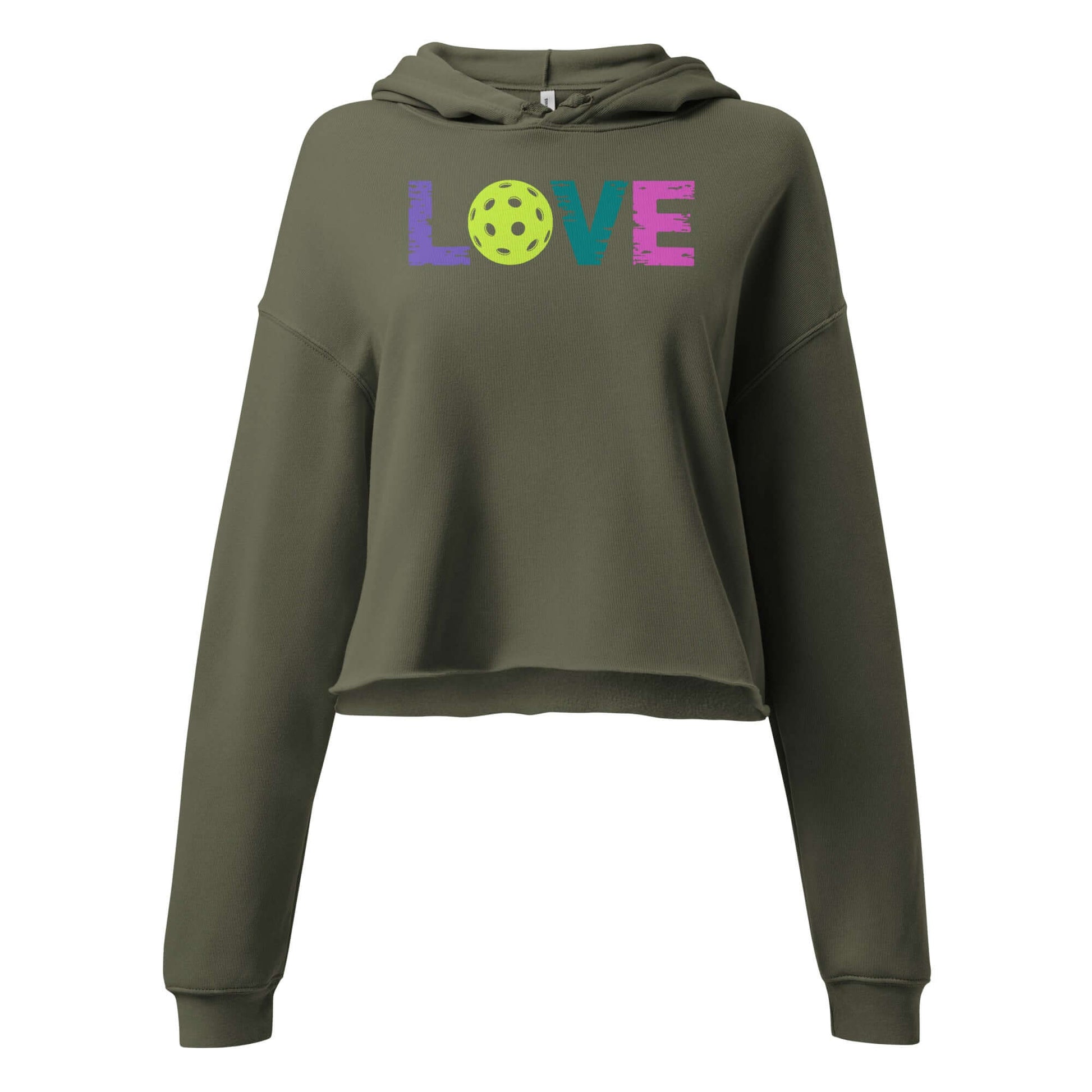 Women’s LOVE Pickleball Crop Hoodie in olive green with colorful LOVE design and pickleball graphic.