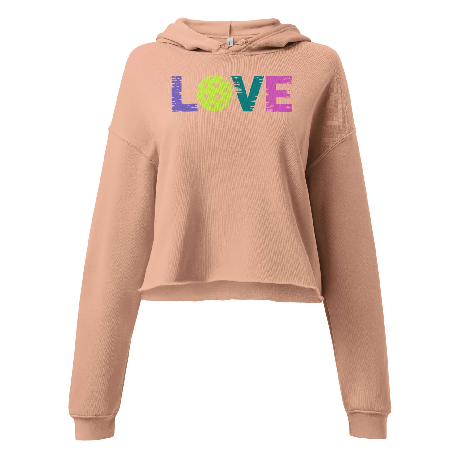 Women’s LOVE Pickleball Crop Hoodie in beige with colorful ‘LOVE’ design and pickleball graphic.