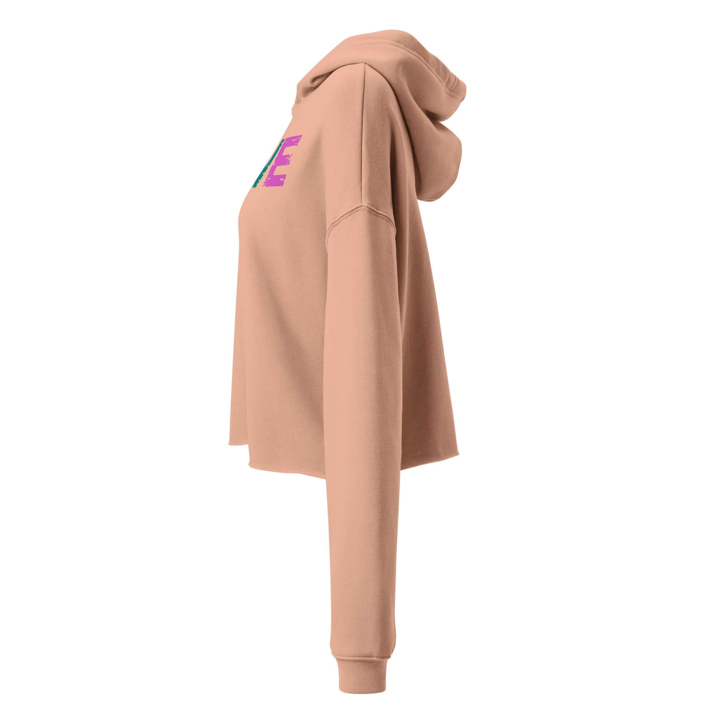 Side view of Women’s LOVE Pickleball Crop Hoodie in tan, featuring colorful 'LOVE' design with a pickleball.