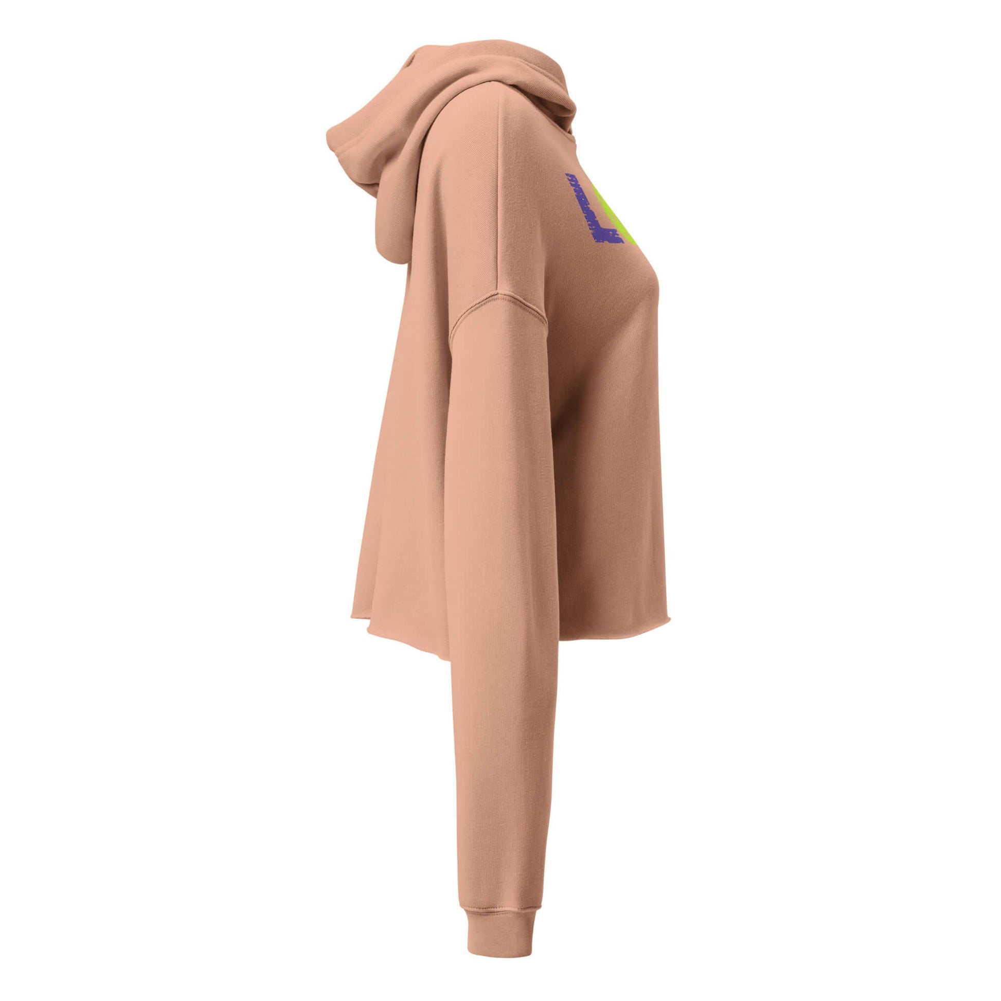 Side view of Women's LOVE Pickleball Crop Hoodie in beige with colorful 'LOVE' design and stylish cropped silhouette.