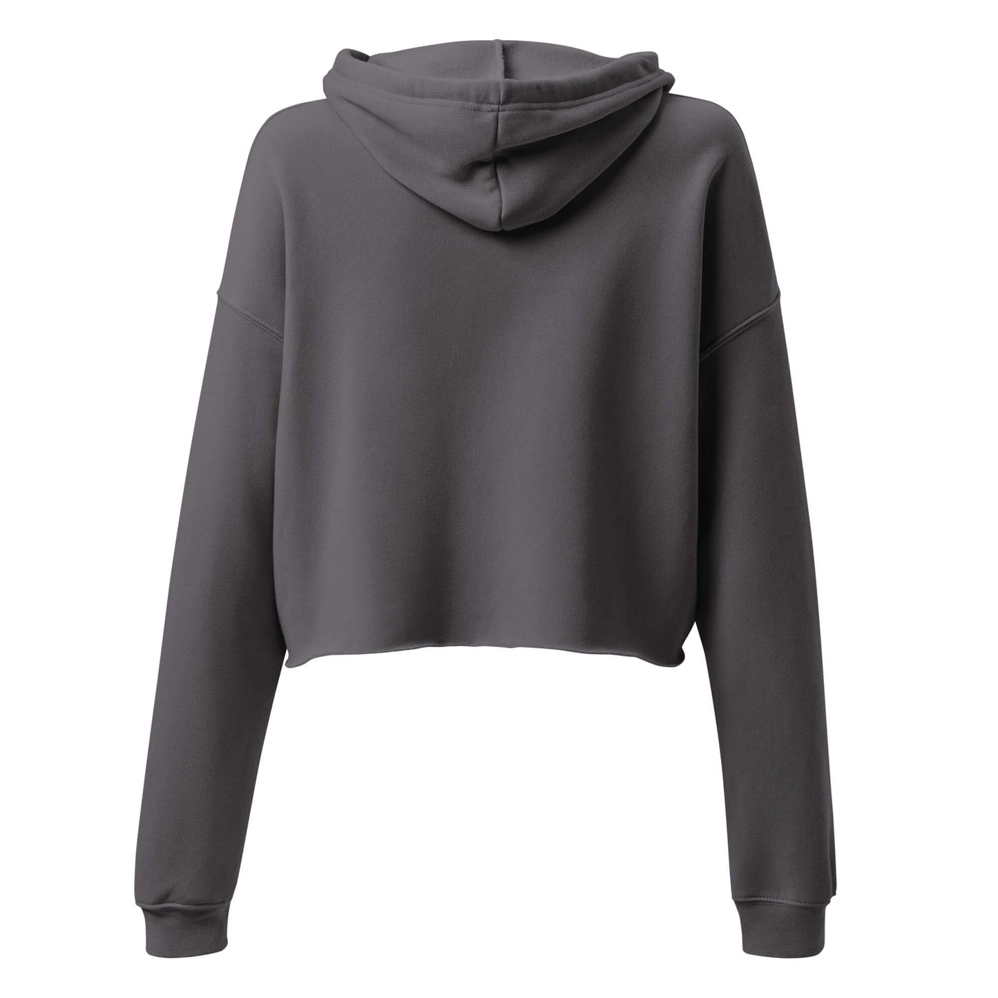 Back view of Women’s LOVE Pickleball Crop Hoodie in dark gray, showcasing its trendy and sporty design.