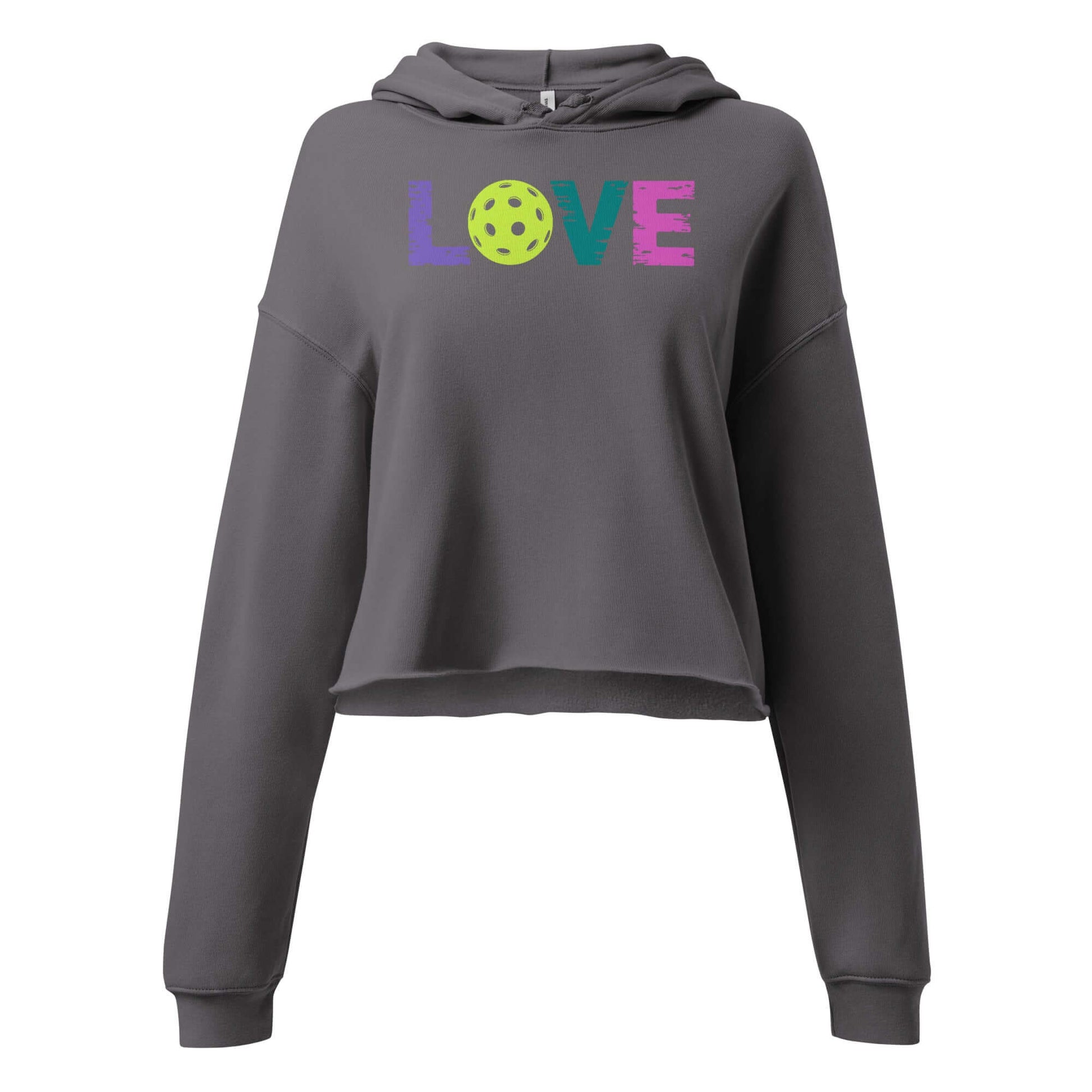 Women’s LOVE Pickleball Crop Hoodie with vibrant graphic design featuring a pickleball as the letter 'O'.