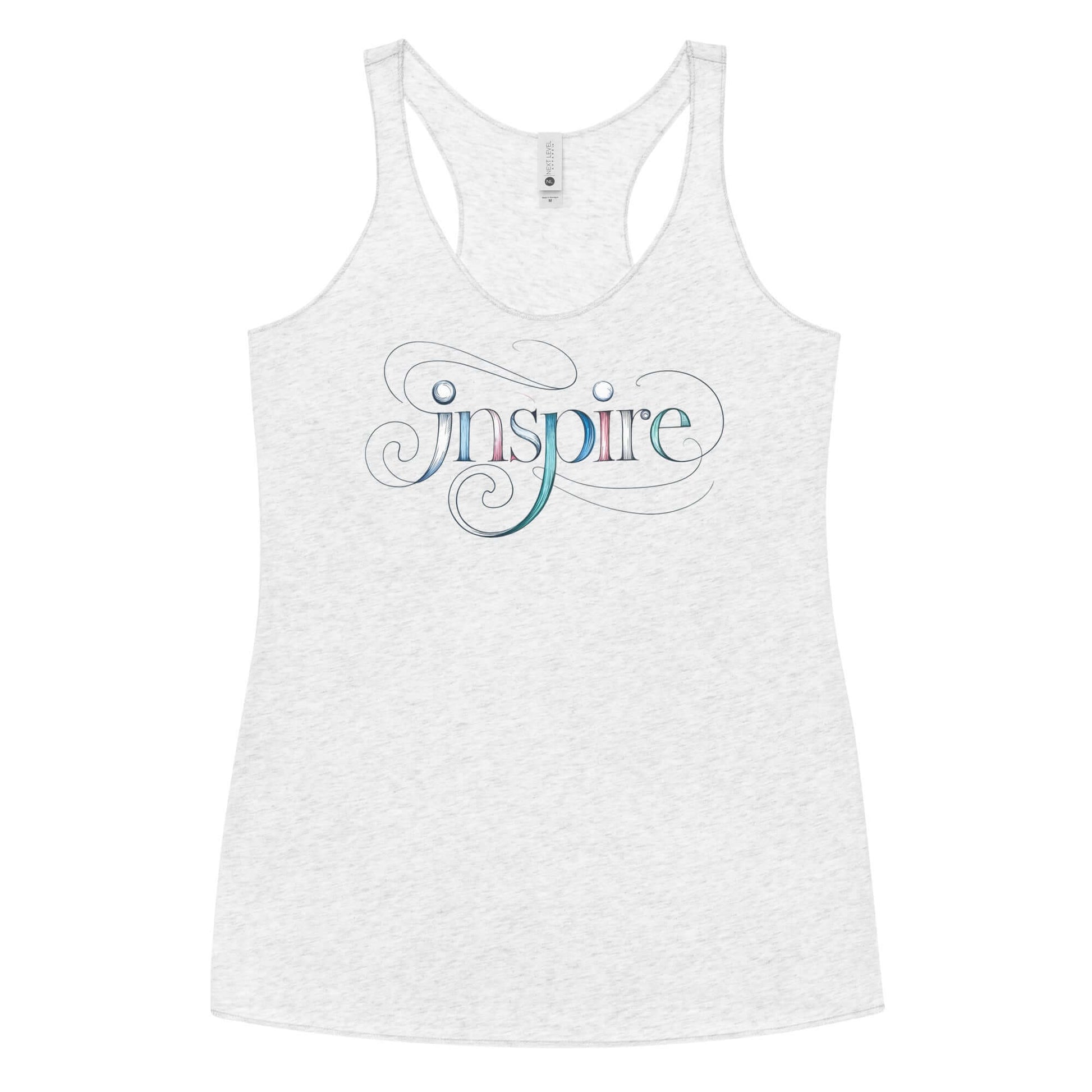 Inspire Sketch Women's Racerback Tank featuring elegant word art design on a light gray background.