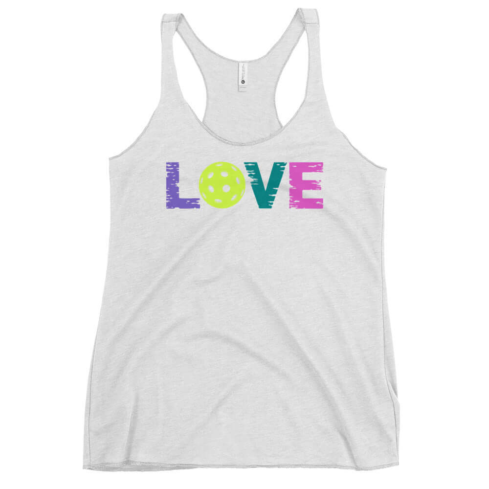 Women's LOVE Pickleball Racerback Tank with colorful text and pickleball graphic for active gameplay.