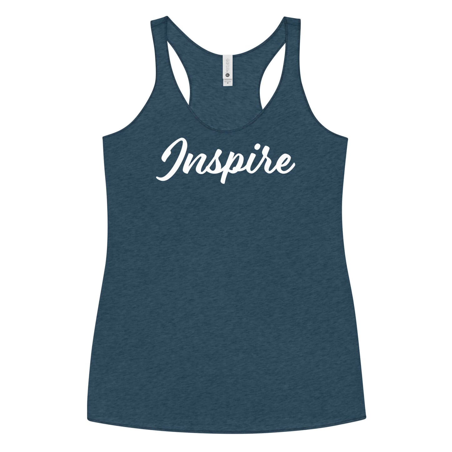 Women's Inspire Elegance Racerback Tank with elegant 'Inspire' print in teal color.