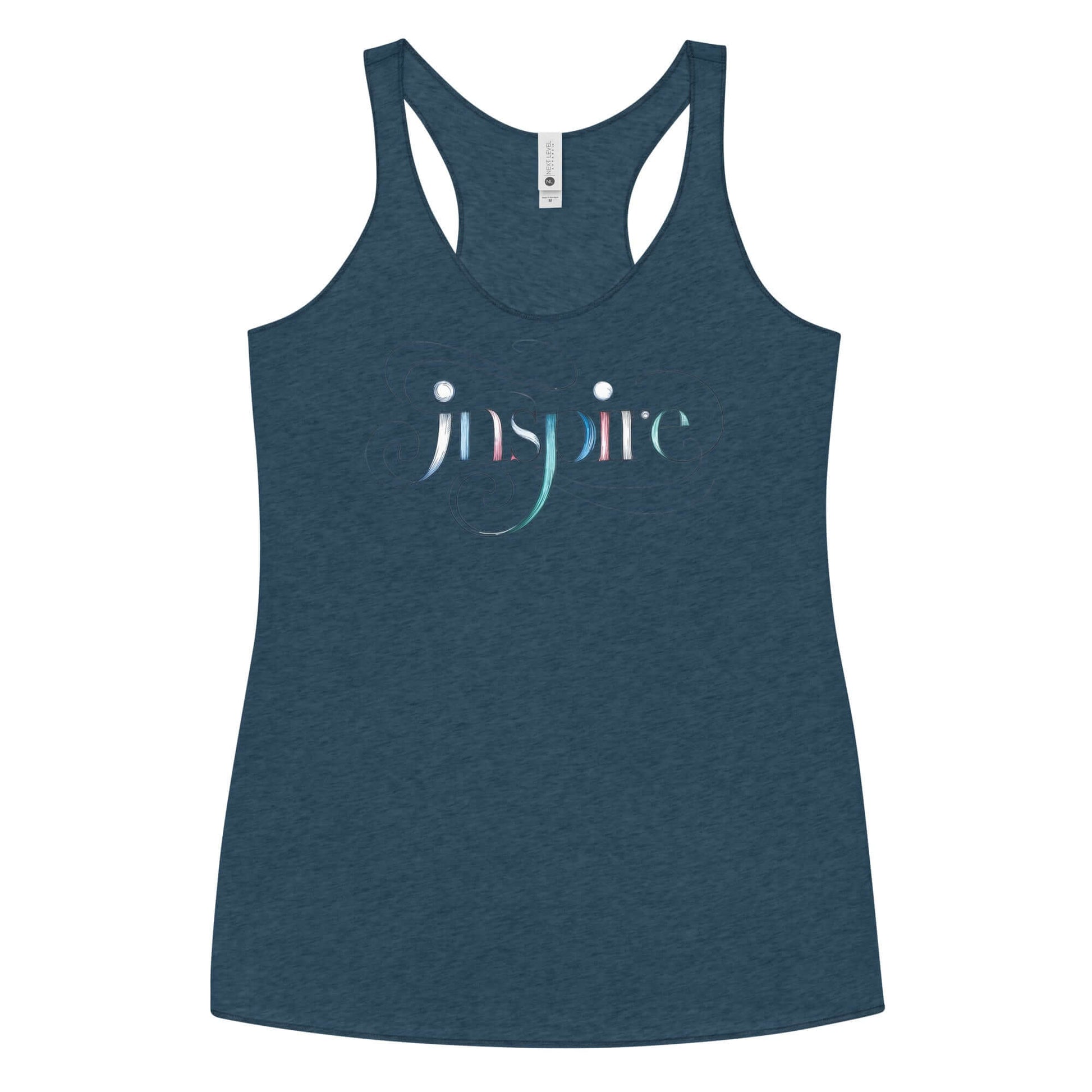 Inspire Sketch Women's Racerback Tank with elegant word art design in dark blue, showcasing the word "Inspire" creatively.