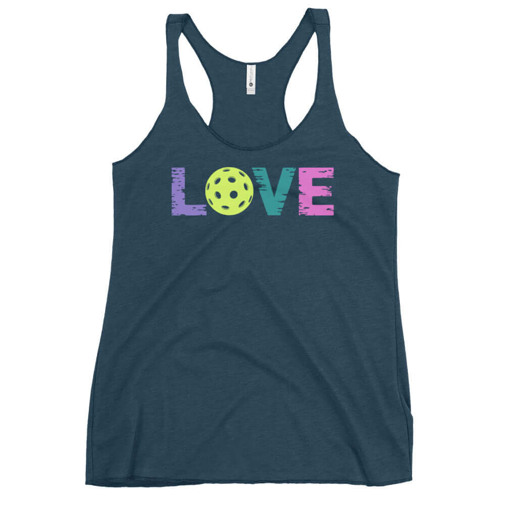 Women's LOVE Pickleball Racerback Tank featuring colorful text and a pickleball design.