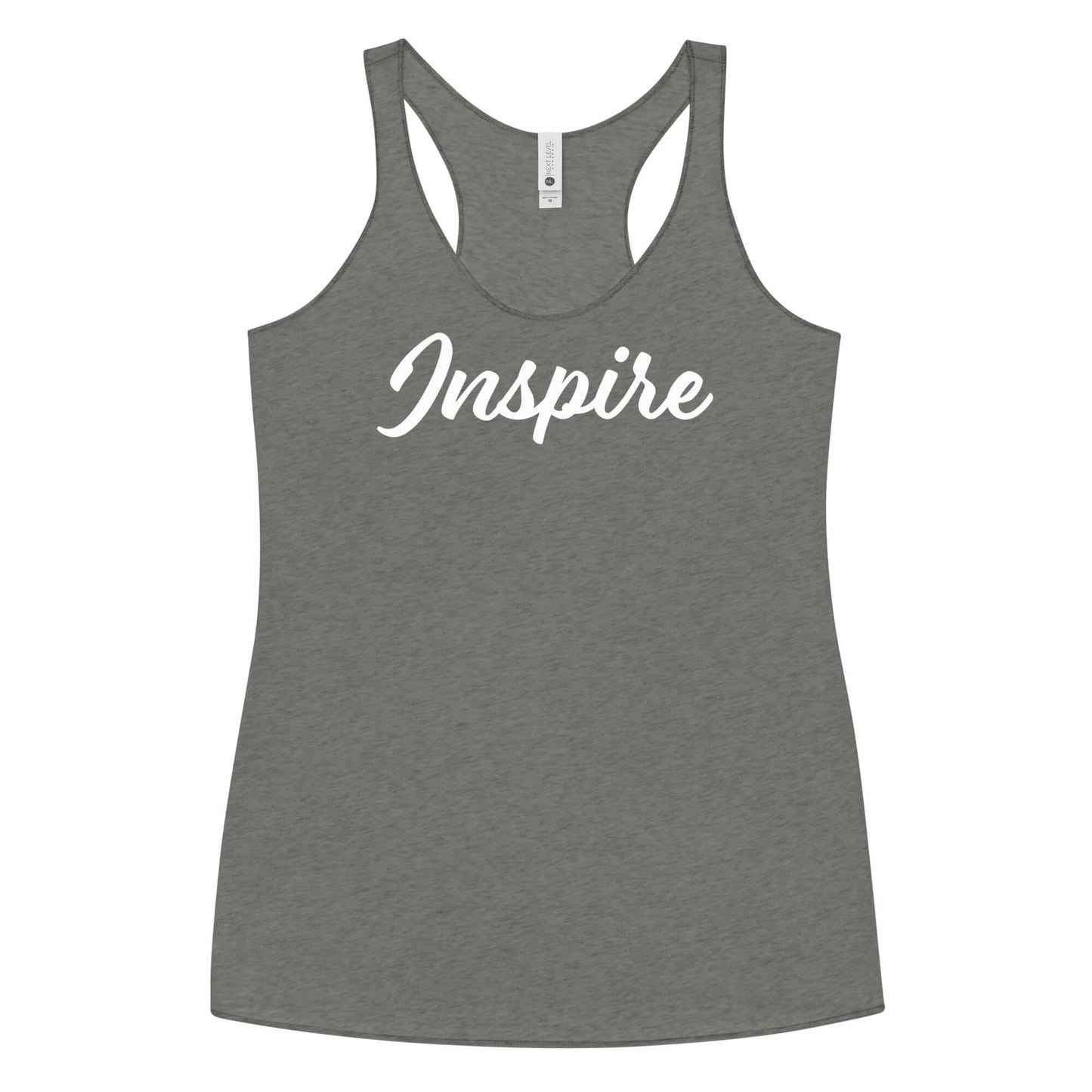 Women's Inspire Elegance Racerback Tank in gray with elegant 'Inspire' print, perfect for workouts or casual outings.