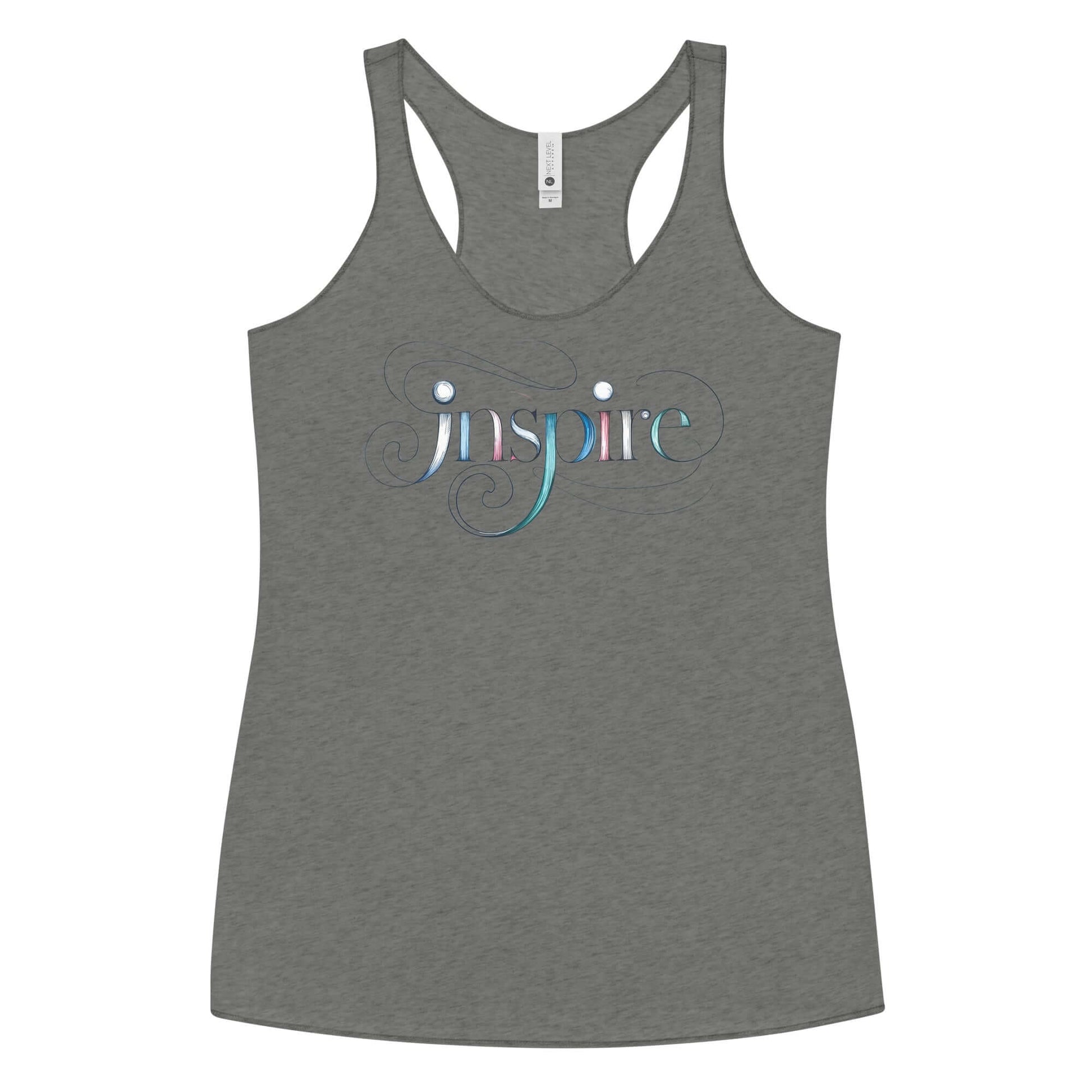 Inspire Sketch Women's Racerback Tank in gray featuring elegant word art design with intricate swirls.