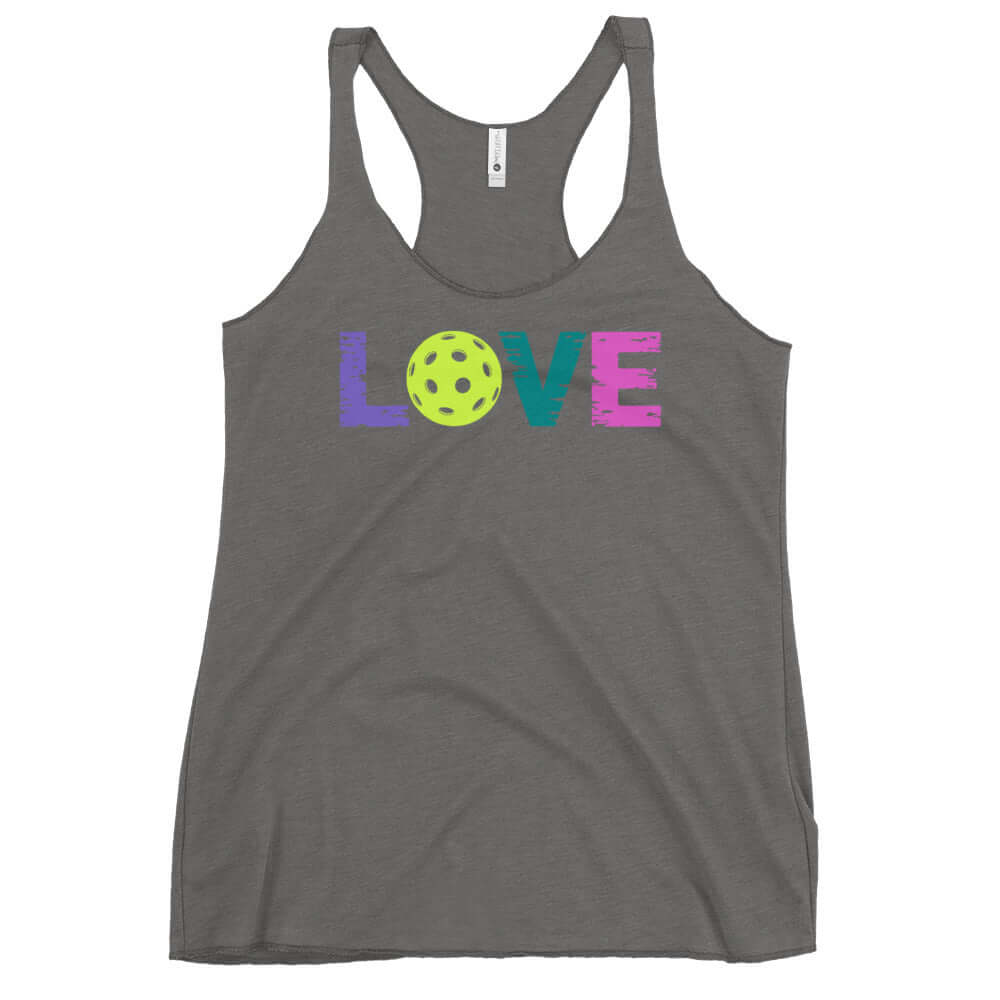 Women's LOVE Pickleball Racerback Tank top in gray with colorful 'LOVE' graphic and pickleball design.