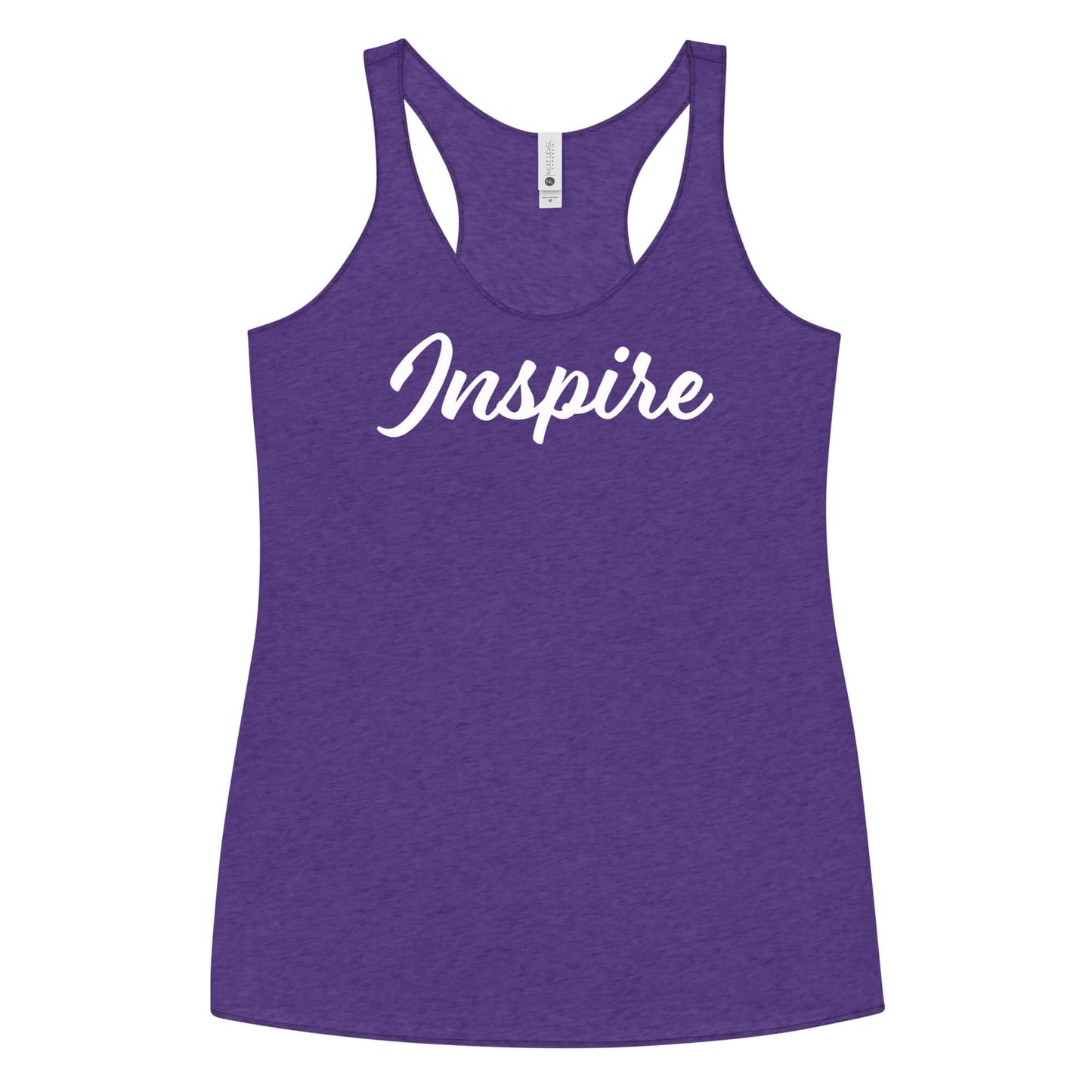 Women's purple racerback tank top with 'Inspire' text for empowerment and motivation.