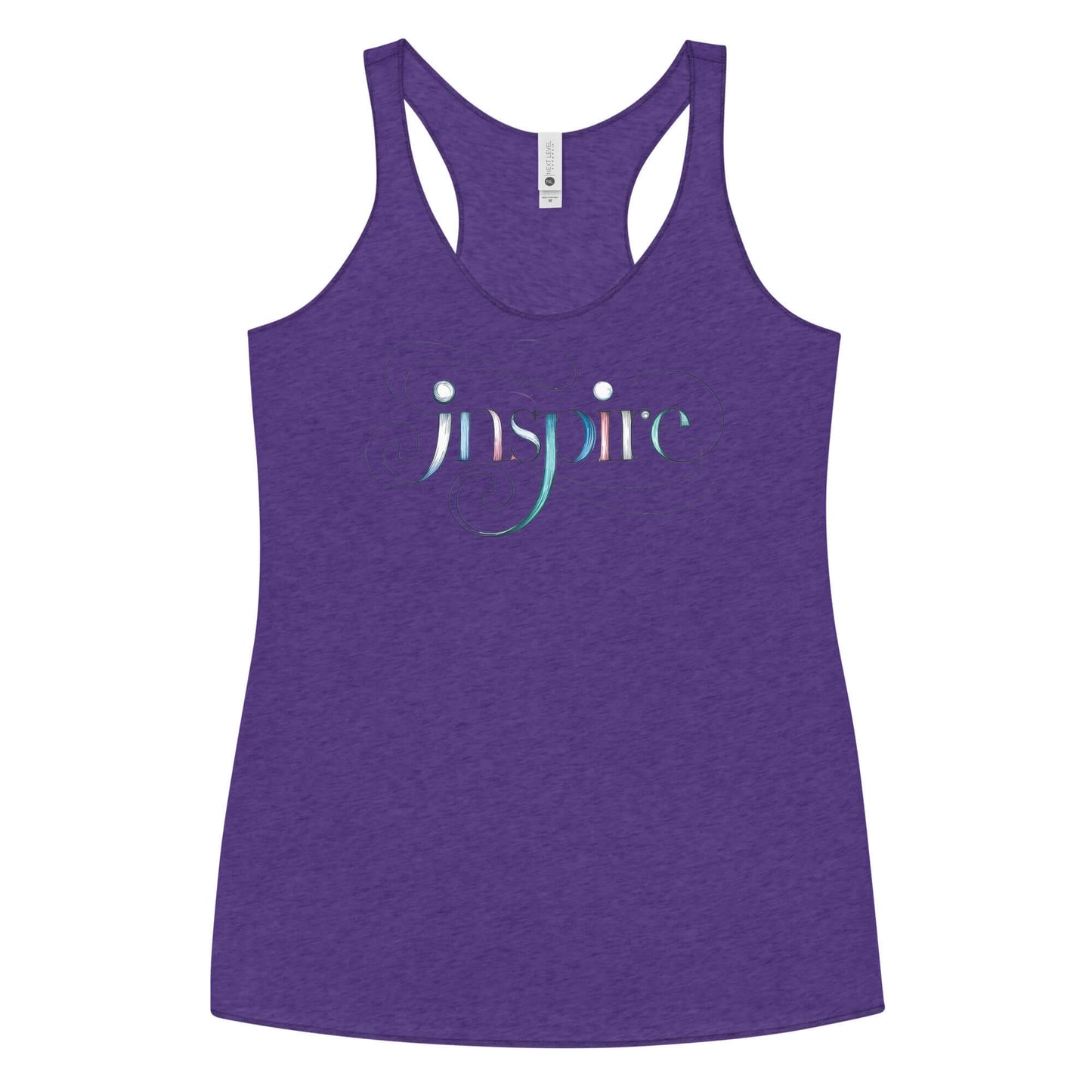 Inspire Sketch Women's Racerback Tank in purple featuring elegant word art design with flowing letters and patterns.