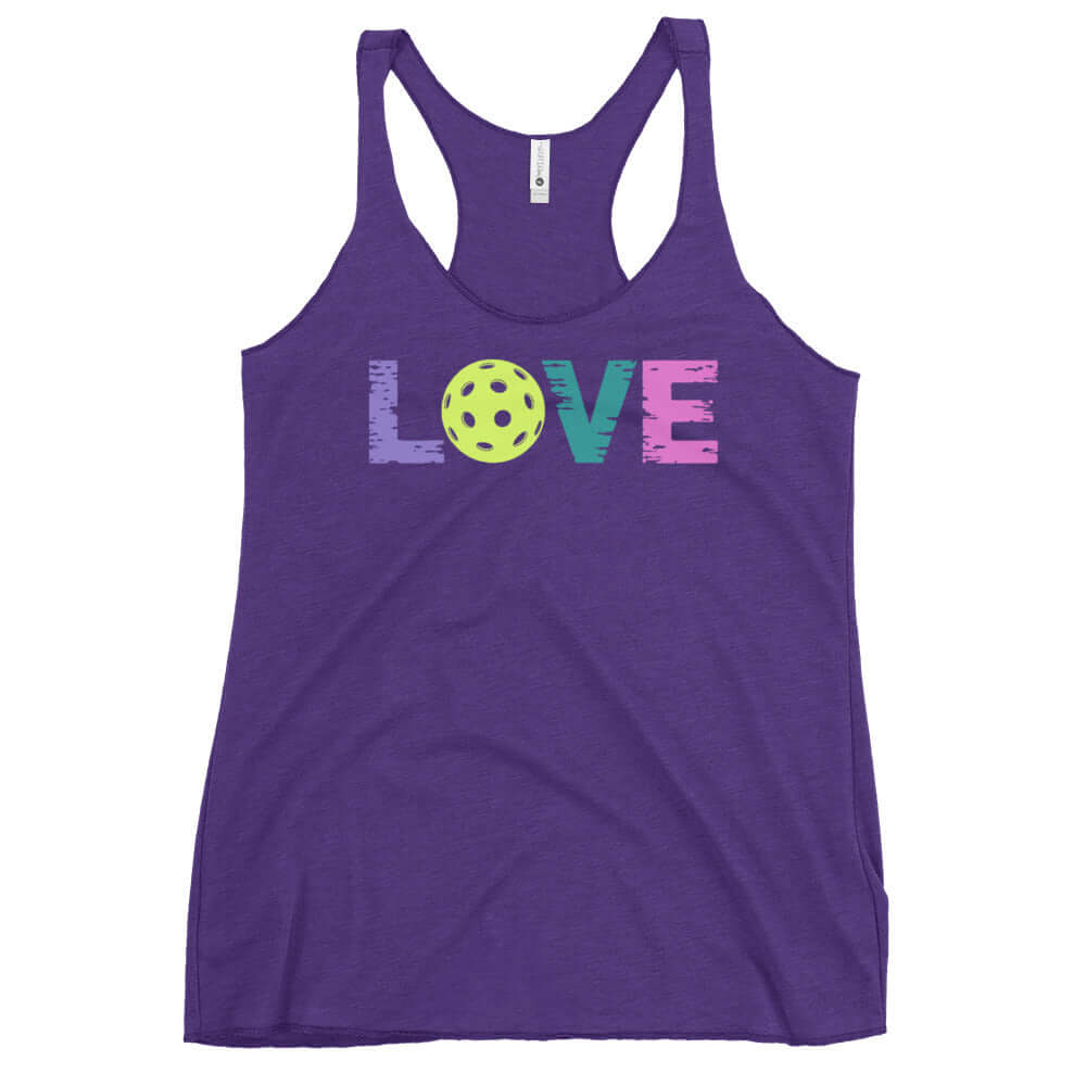 Women's purple racerback tank top with 'LOVE' design and pickleball motif.