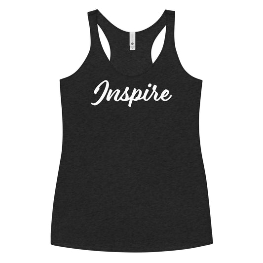 Women's Inspire Elegance Racerback Tank top in black with white 'Inspire' text for empowerment and style.