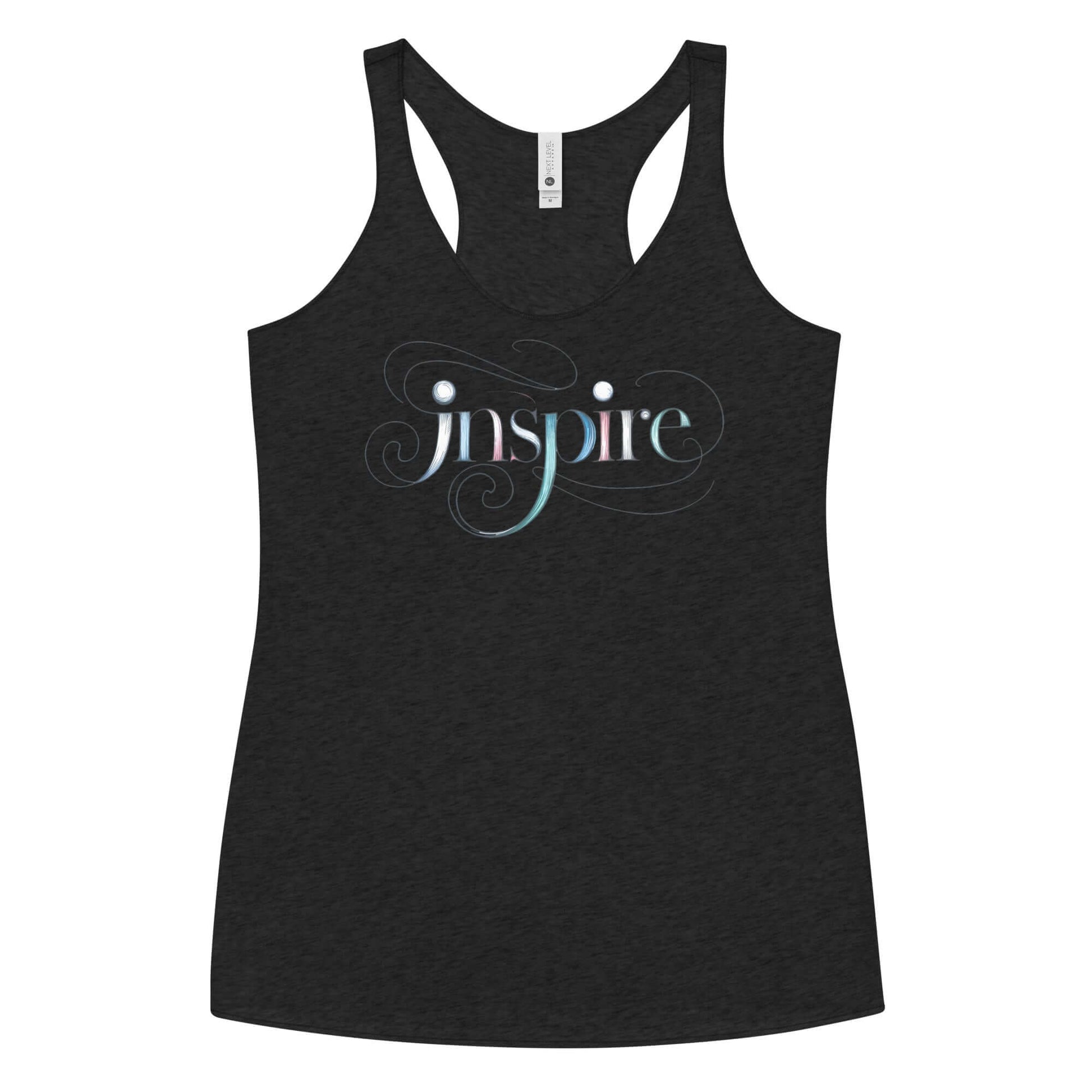 Inspire Sketch Women's Racerback Tank top featuring elegant word art design in dark color. Perfect for creative expression.