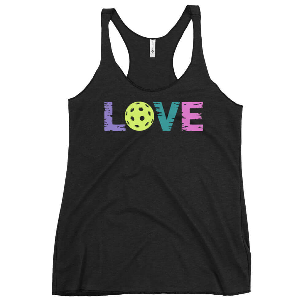 Women's LOVE Pickleball Racerback Tank in black featuring colorful lettering and a pickleball graphic.