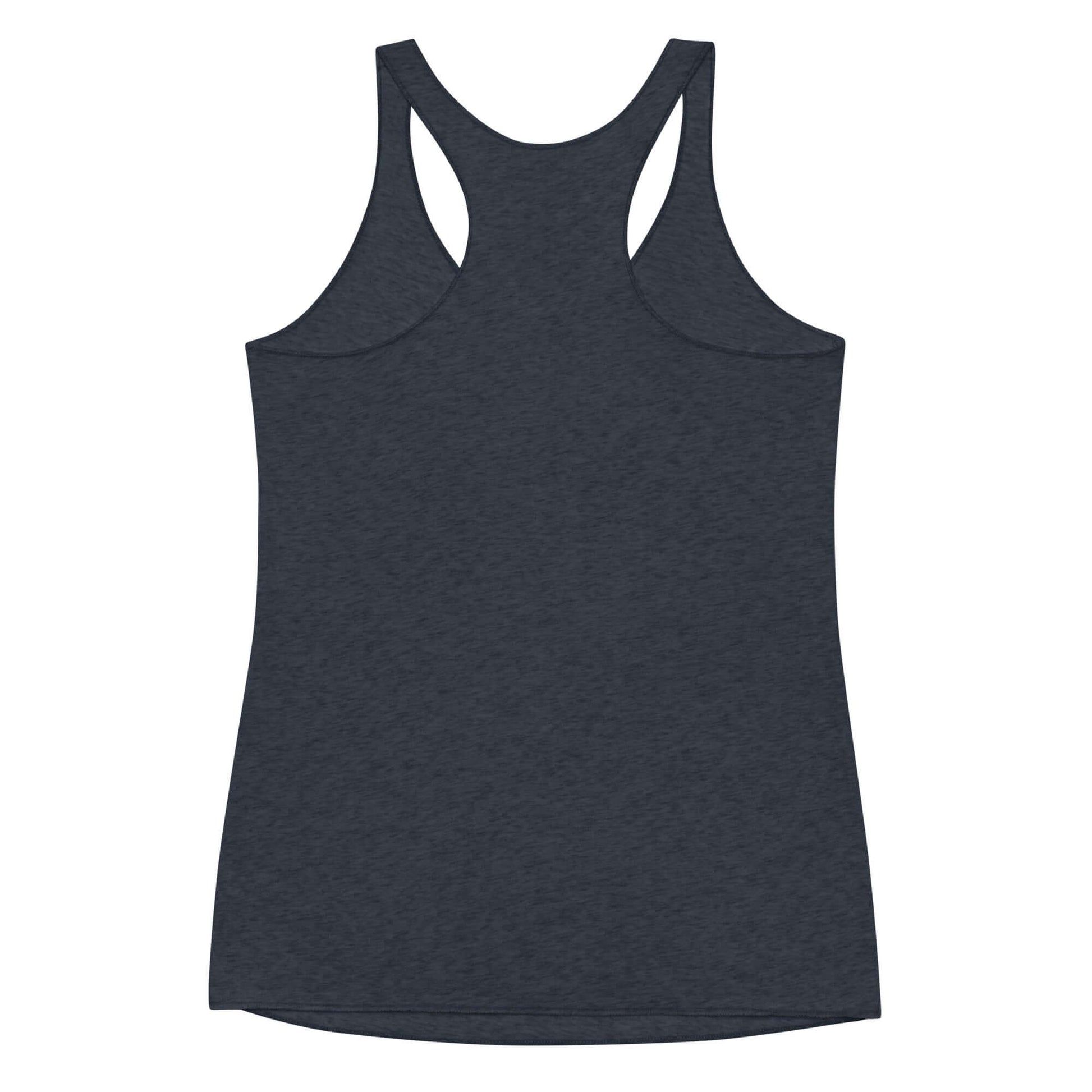 Back view of women's dark gray Inspire Elegance Racerback Tank, perfect for gym and casual outings.