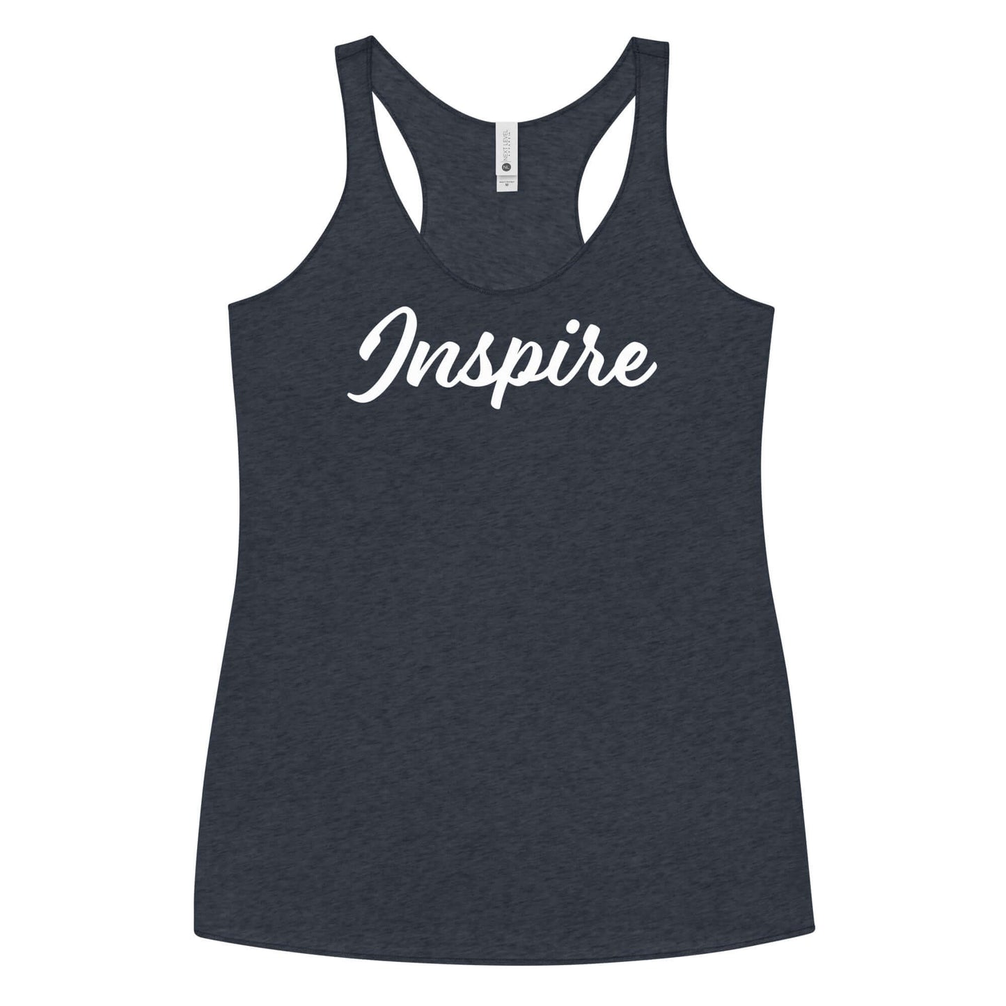 Women's Inspire Elegance Racerback Tank featuring 'Inspire' text, perfect for workouts or casual wear.