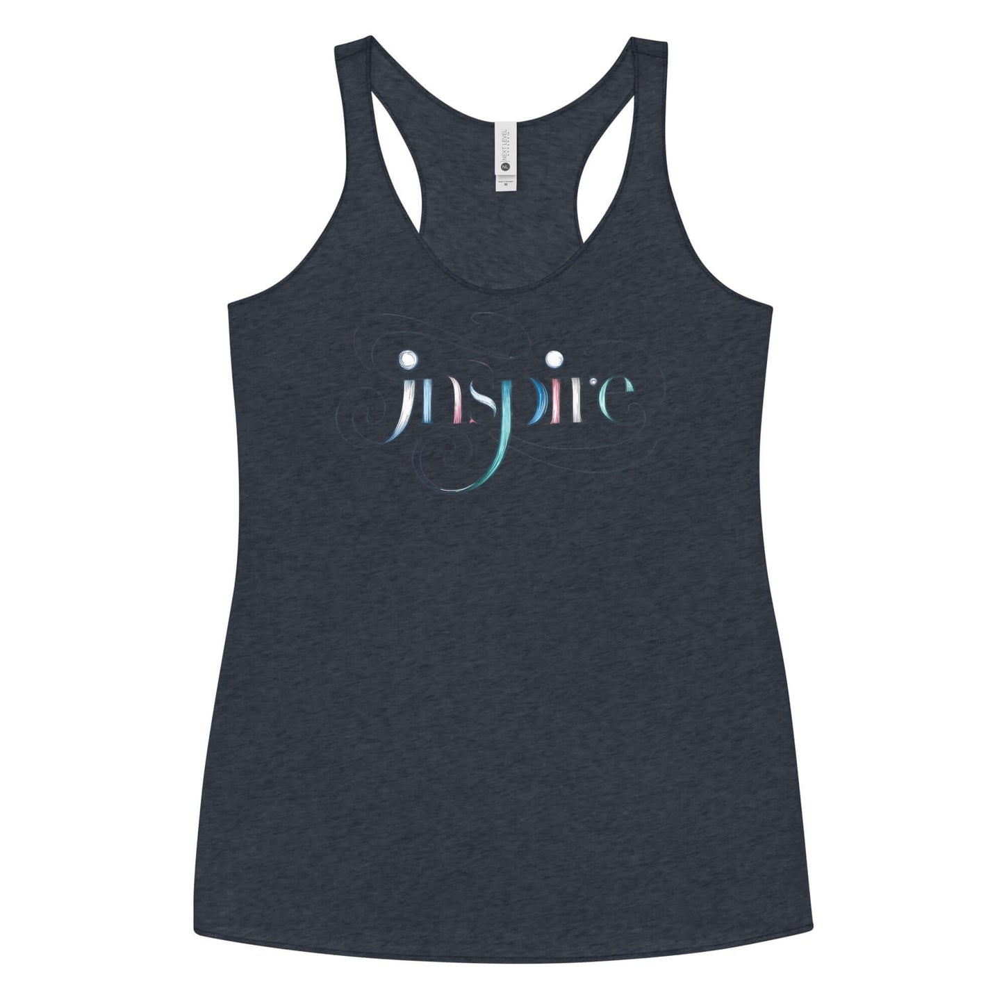 Dark gray women's racerback tank top with elegant "Inspire" word art design and intricate patterns.