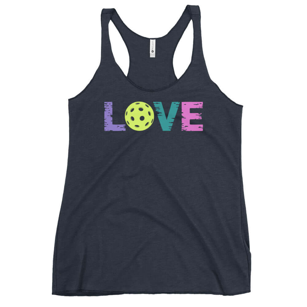 Women's LOVE Pickleball Racerback Tank with vibrant design and pickleball graphic for sporty comfort.