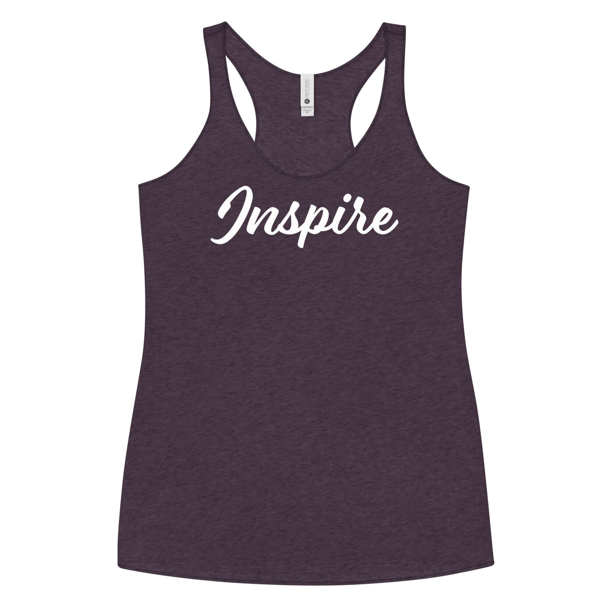 Women's Inspire Elegance Racerback Tank featuring the word 'Inspire' in elegant print on a dark background.