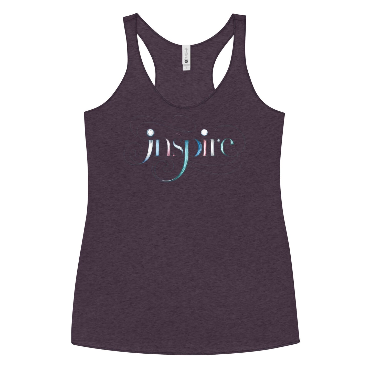 Inspire Sketch Women's Racerback Tank with elegant word art design in blue and teal on a dark background.