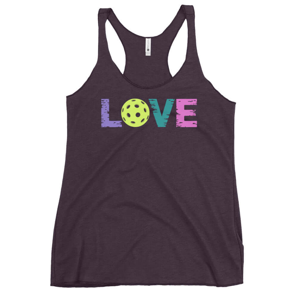 Women's LOVE Pickleball Racerback Tank with colorful text and pickleball graphic, perfect for active players.