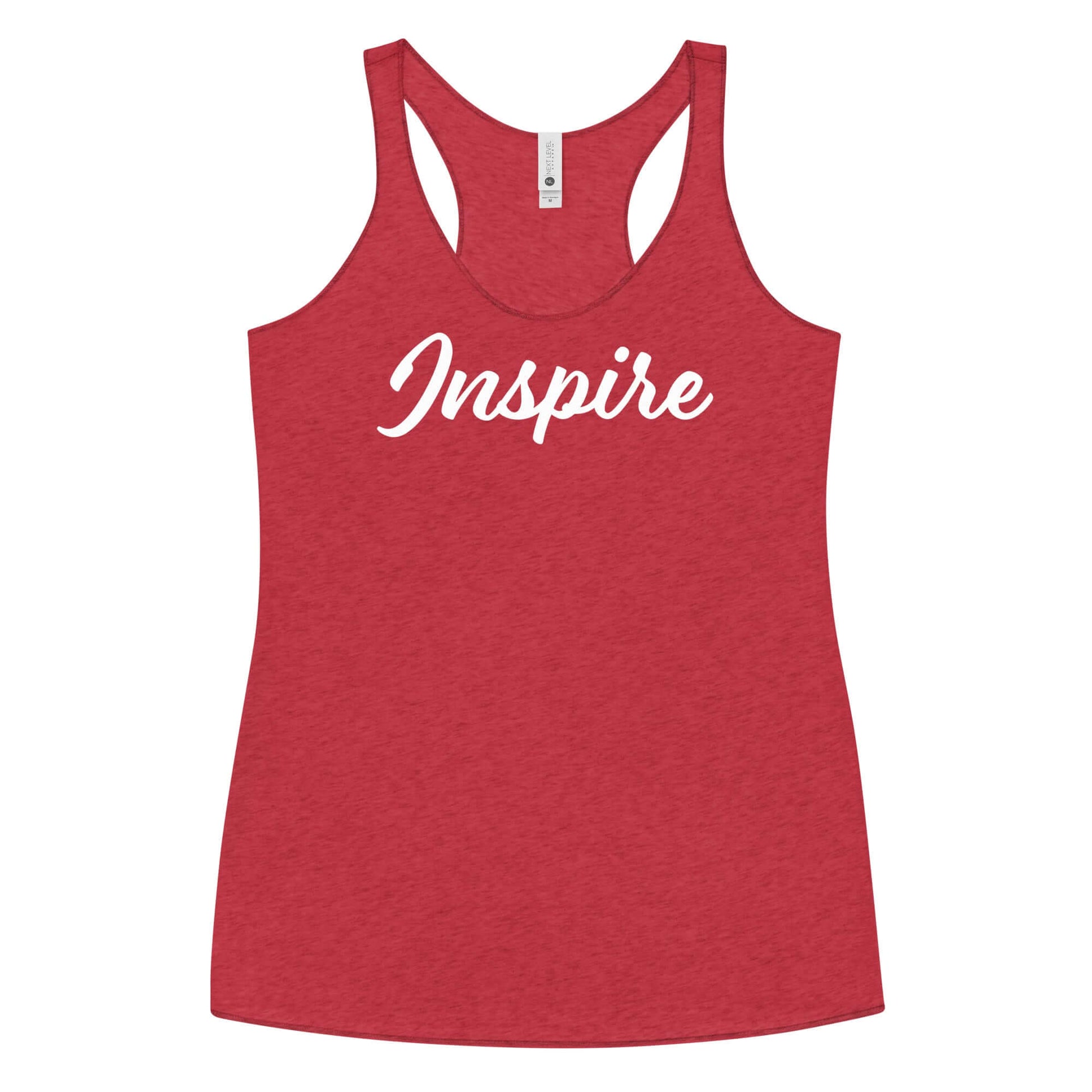 Women's red racerback tank top featuring 'Inspire' printed in elegant script.