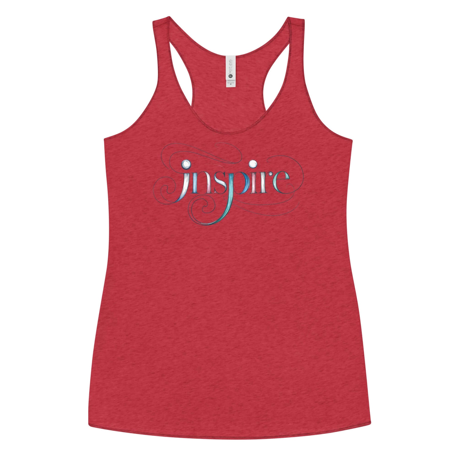 Inspire Sketch Women's Racerback Tank in red featuring elegant word art design with intricate swirls and patterns.