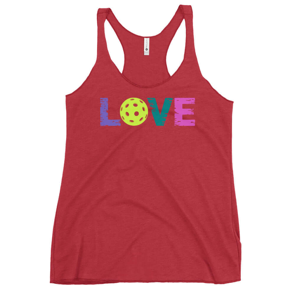 Women's LOVE Pickleball Racerback Tank in red with colorful 'LOVE' graphic and pickleball design.