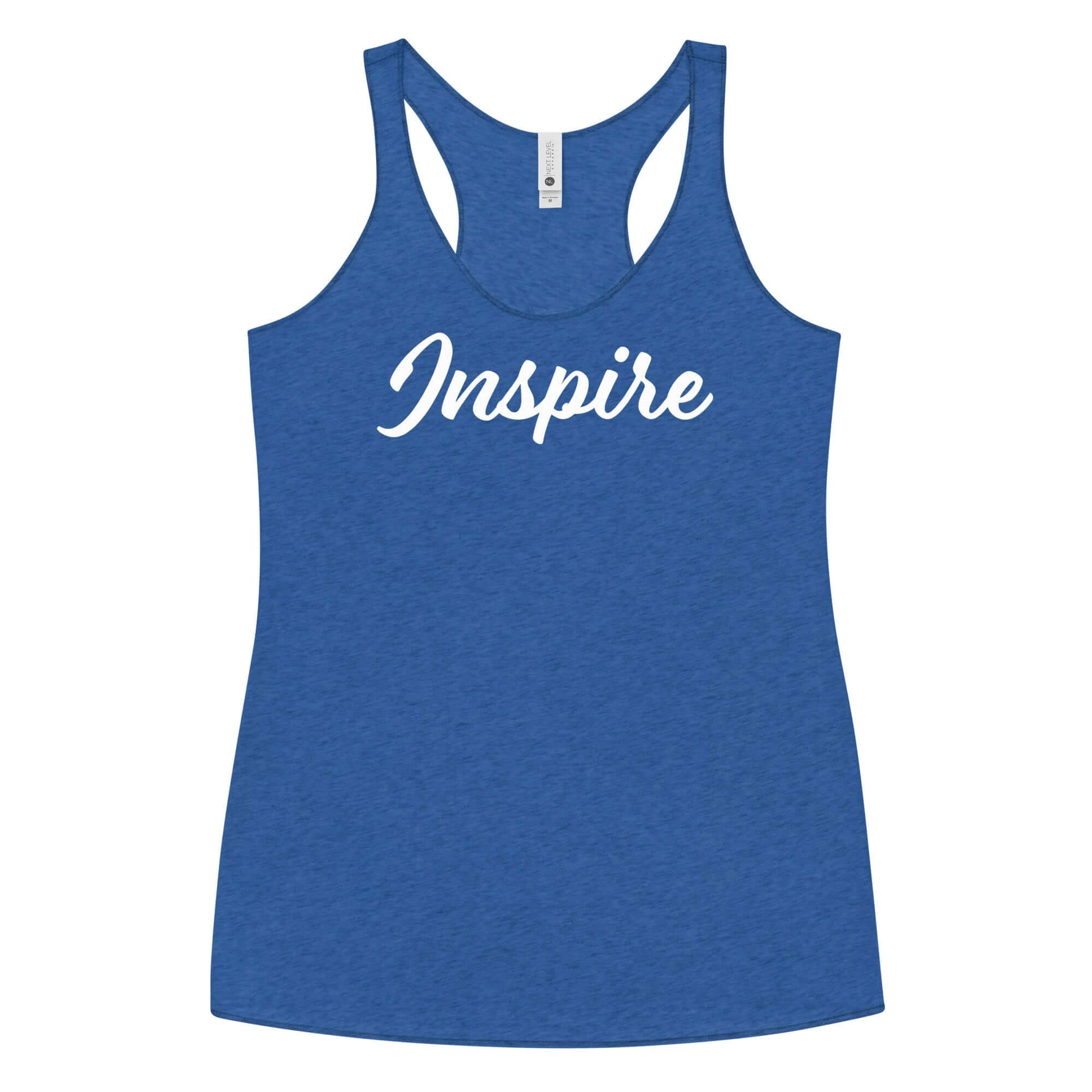 Women's blue Inspire Elegance Racerback Tank, promoting empowerment and positivity in style.