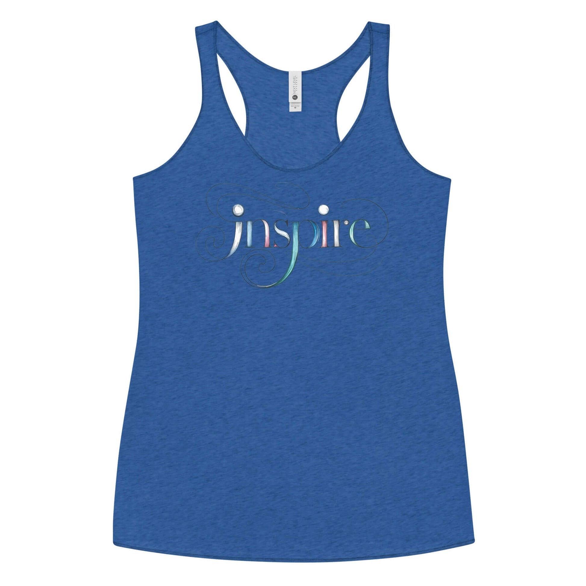 Inspire Sketch Women's Racerback Tank in blue with elegant word art design featuring "Inspire" in colorful swirls.