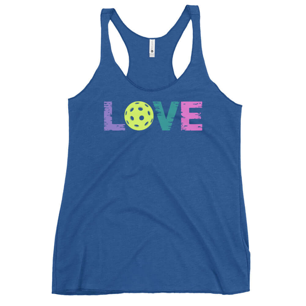 Women's LOVE Pickleball Racerback Tank in blue with colorful pickleball graphic, perfect for active play.