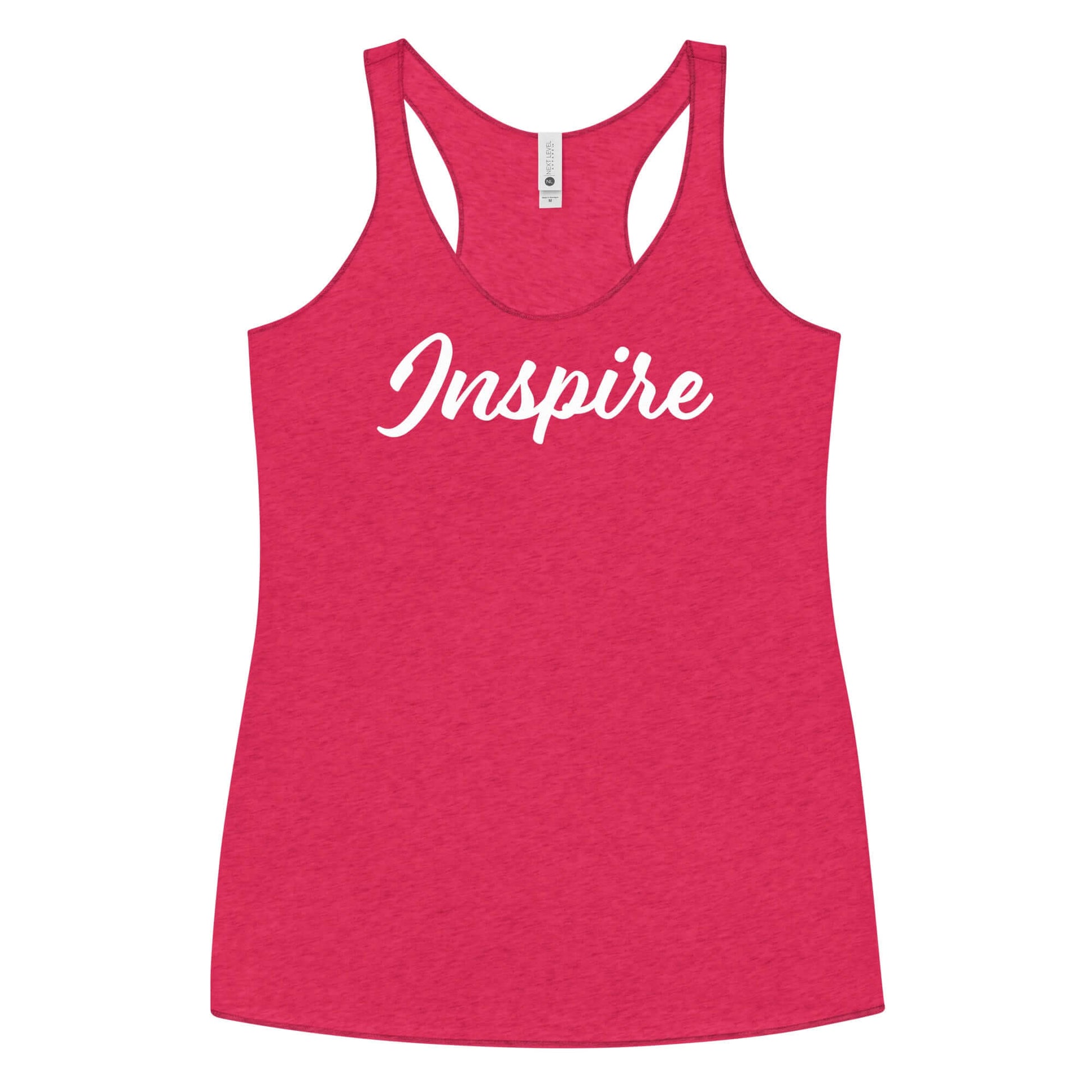 Women's Inspire Elegance Racerback Tank in vibrant pink with elegant 'Inspire' print on the front.