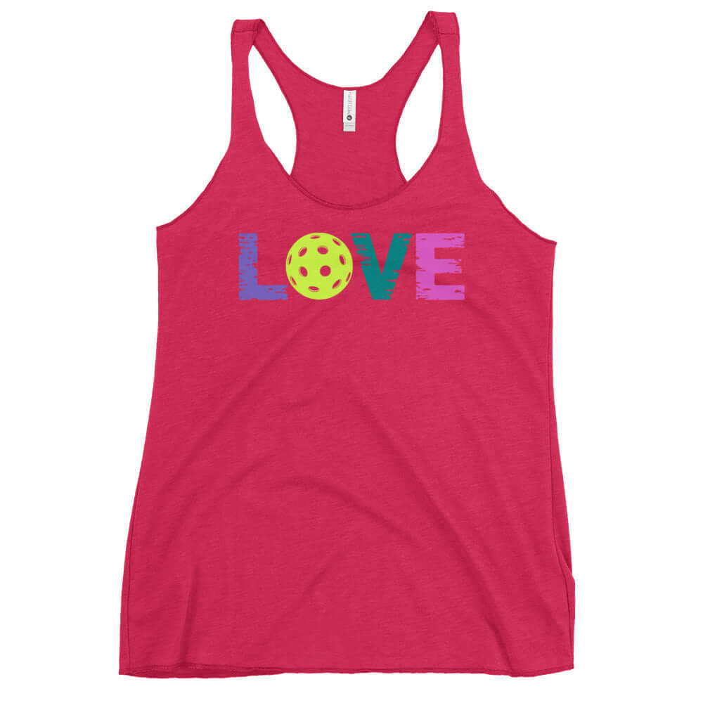 Women's LOVE Pickleball Racerback Tank in vibrant pink featuring colorful LOVE graphic and pickleball design.