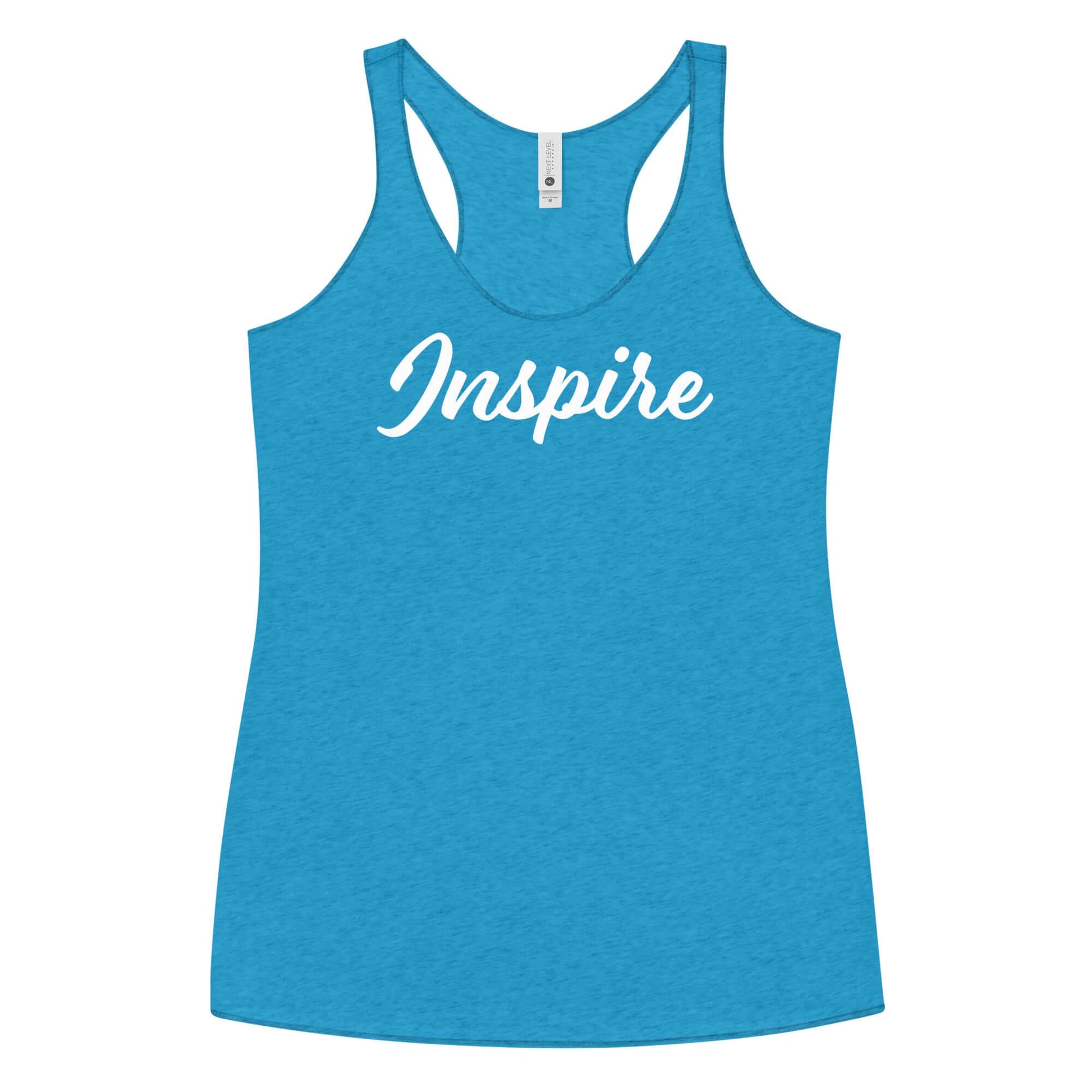 Women's turquoise racerback tank top with 'Inspire' printed in white, perfect for workouts and casual outings.