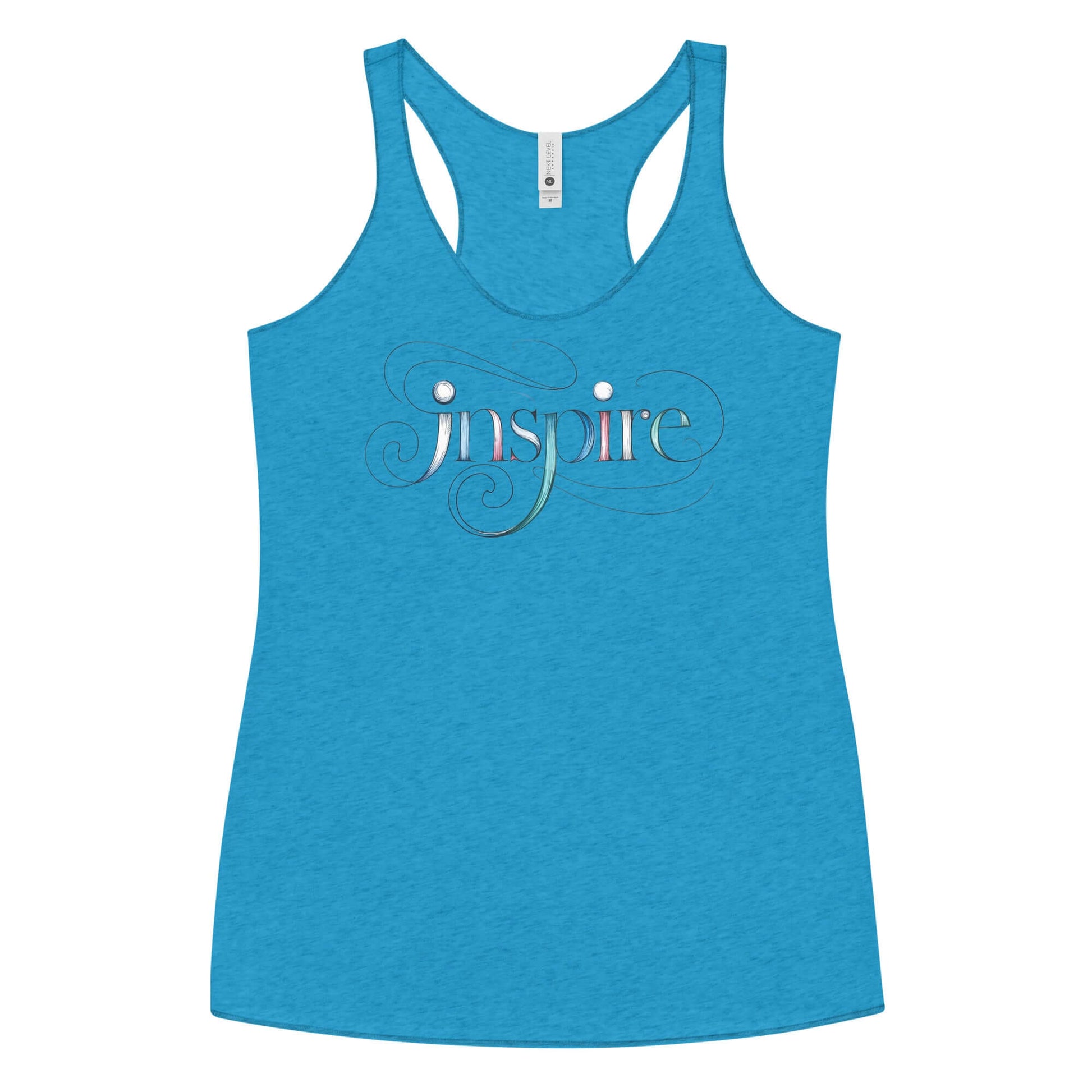 Inspire Sketch Women's Racerback Tank in vibrant blue, featuring elegant word art design of "Inspire" on the front.