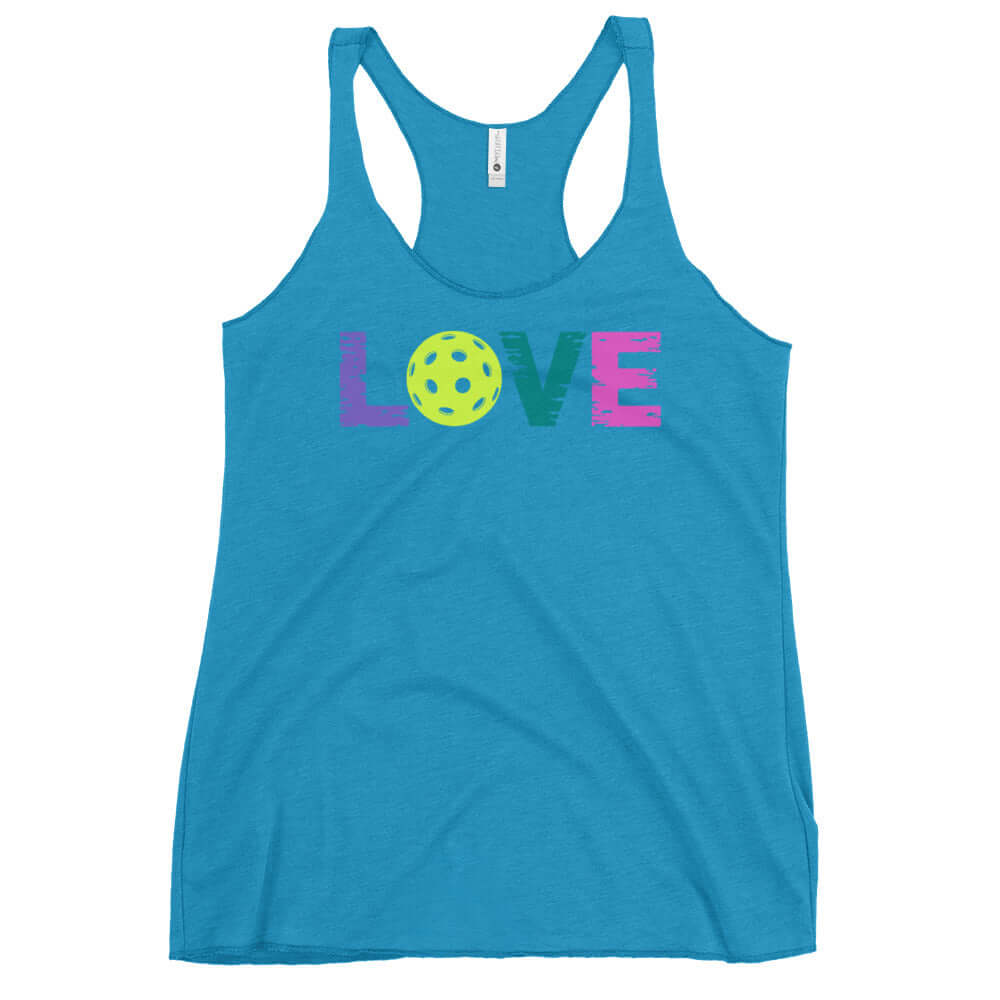 Women's LOVE Pickleball Racerback Tank in blue, featuring colorful 'LOVE' design and pickleball graphic.