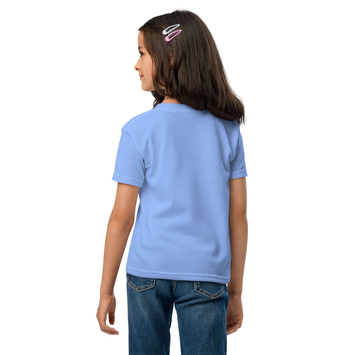 Girl wearing a moisture-wicking blue t-shirt, showcasing a modern classic fit for active days.