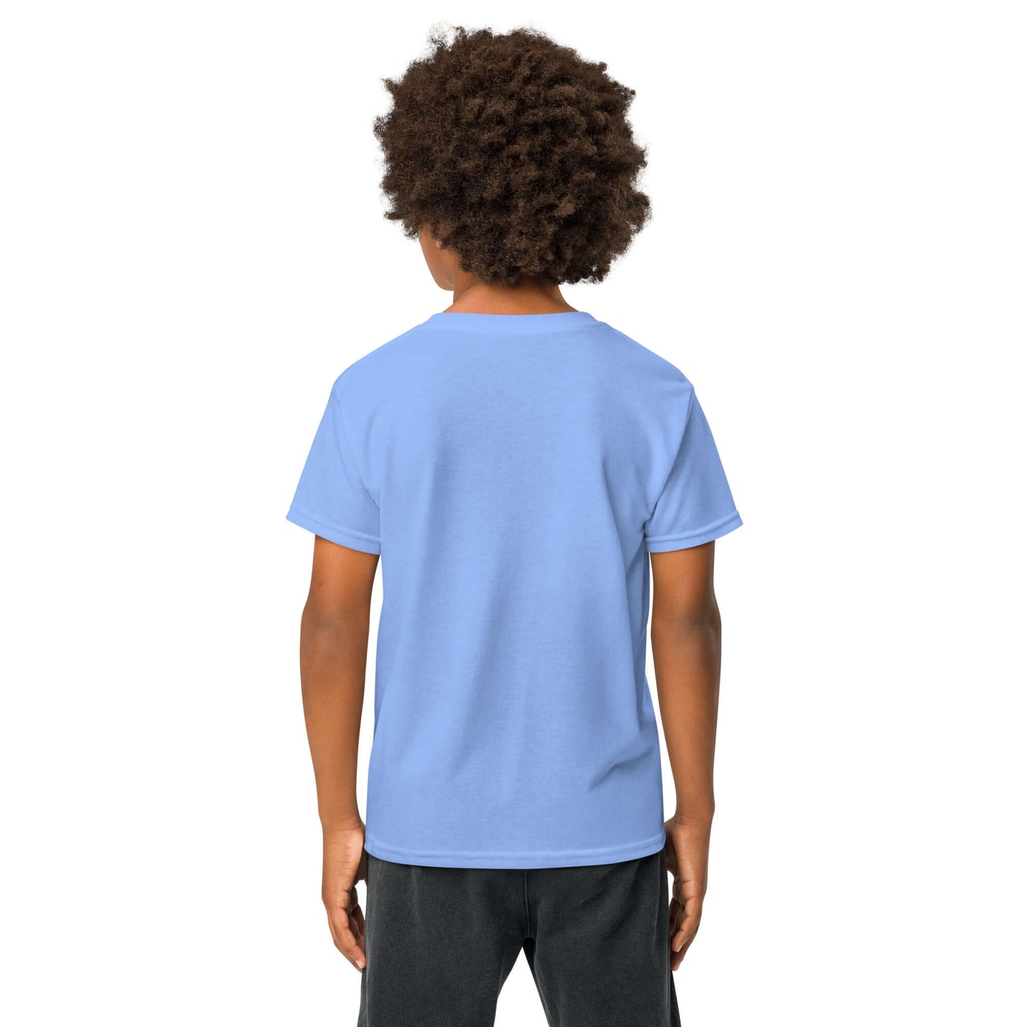 Back view of a child wearing a blue moisture-wicking t-shirt, ideal for active days, modern fit.