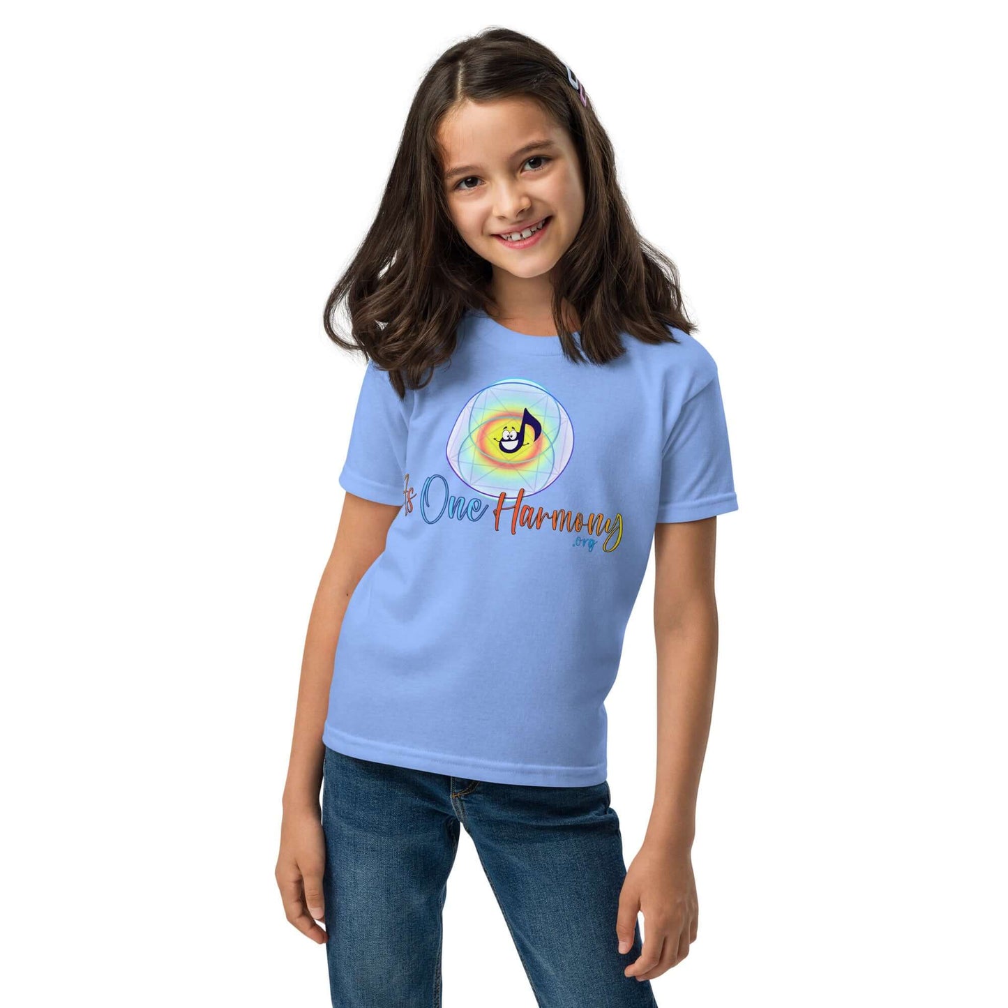 Girl wearing a blue moisture-wicking t-shirt with "As One Harmony" design, perfect for active kids.