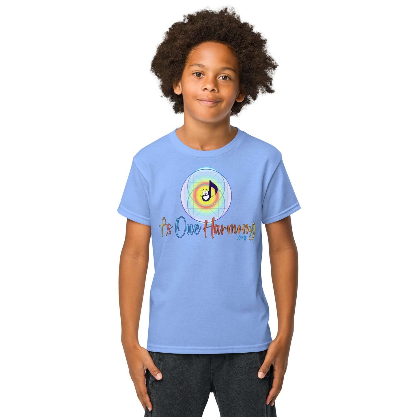 Boy wearing blue moisture-wicking t-shirt with 'As One Harmony' logo, perfect for active kids.