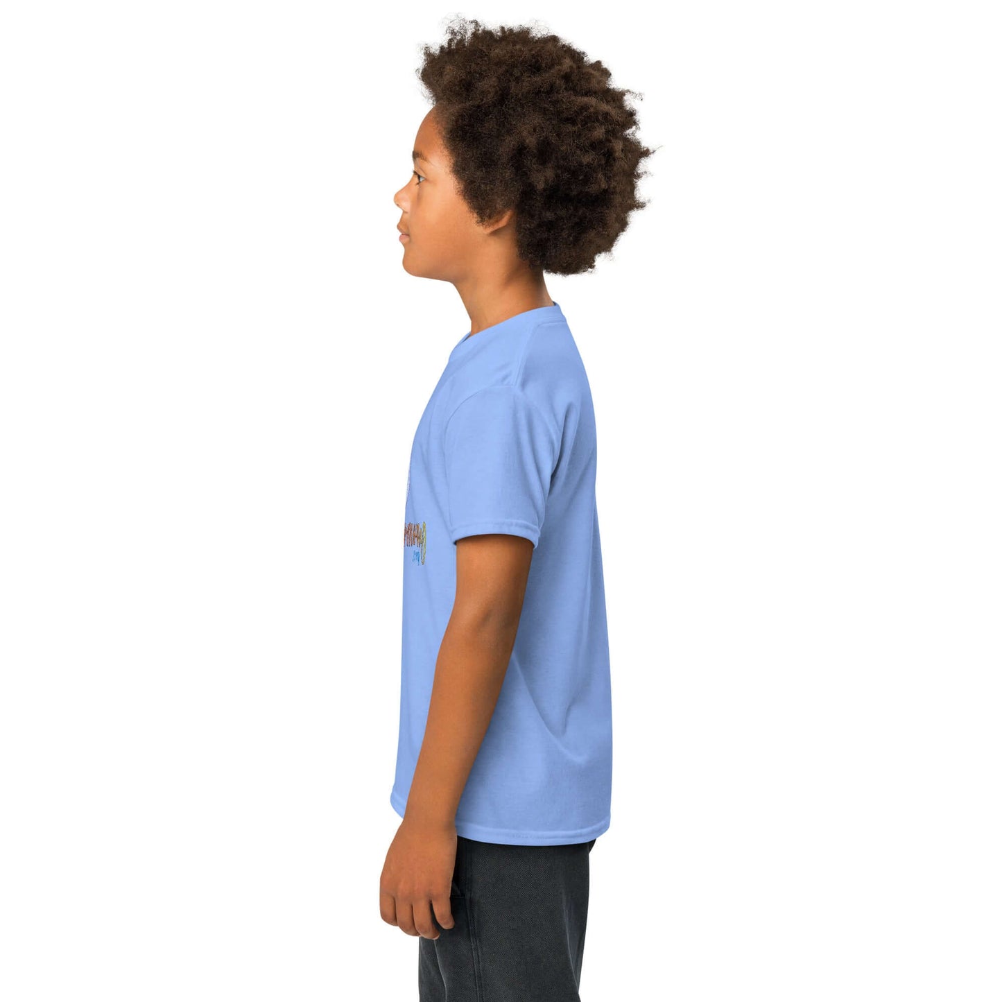 Side view of a child wearing a blue moisture-wicking t-shirt, perfect for active days.