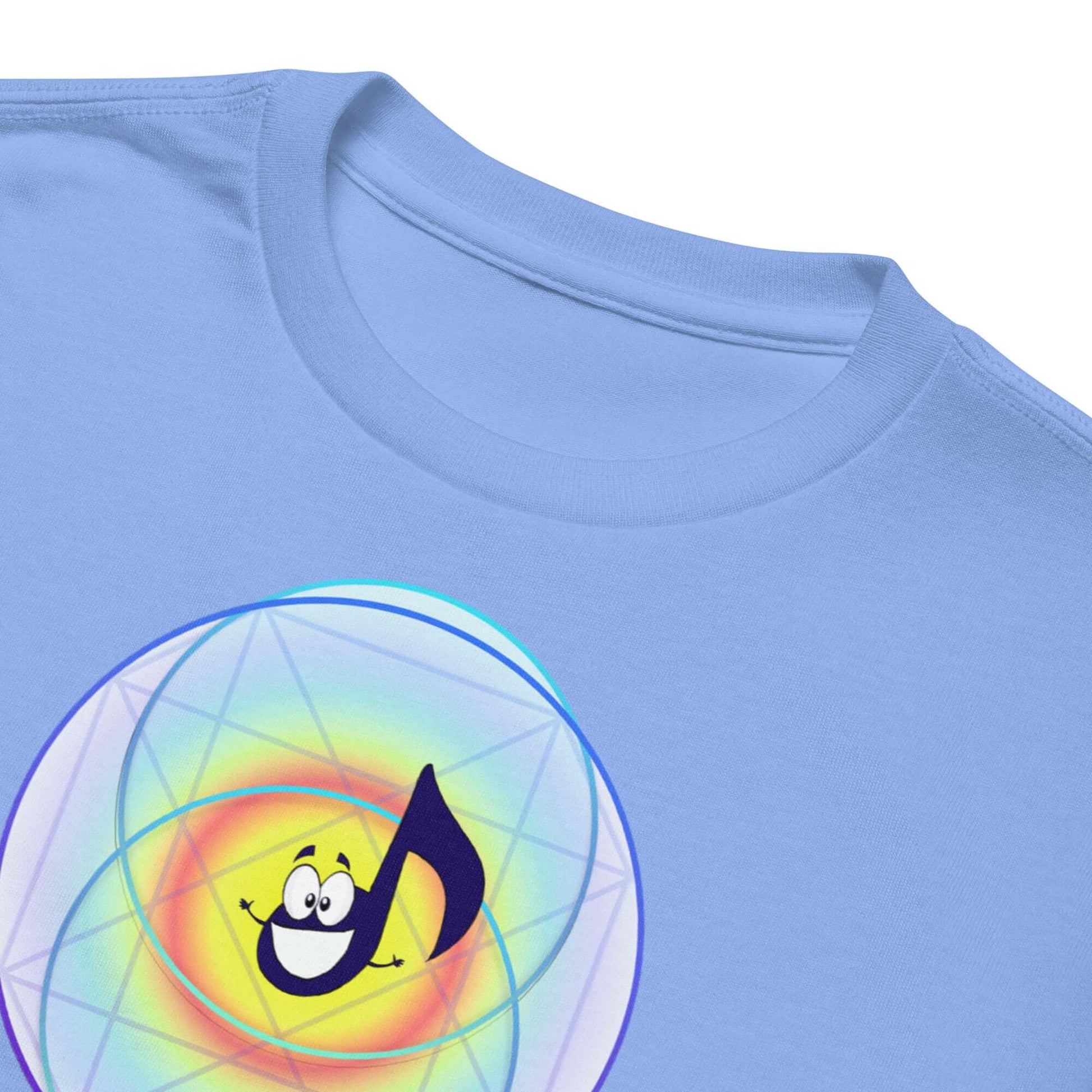 Blue moisture-wicking t-shirt with a playful music note graphic, perfect for kids on active days.