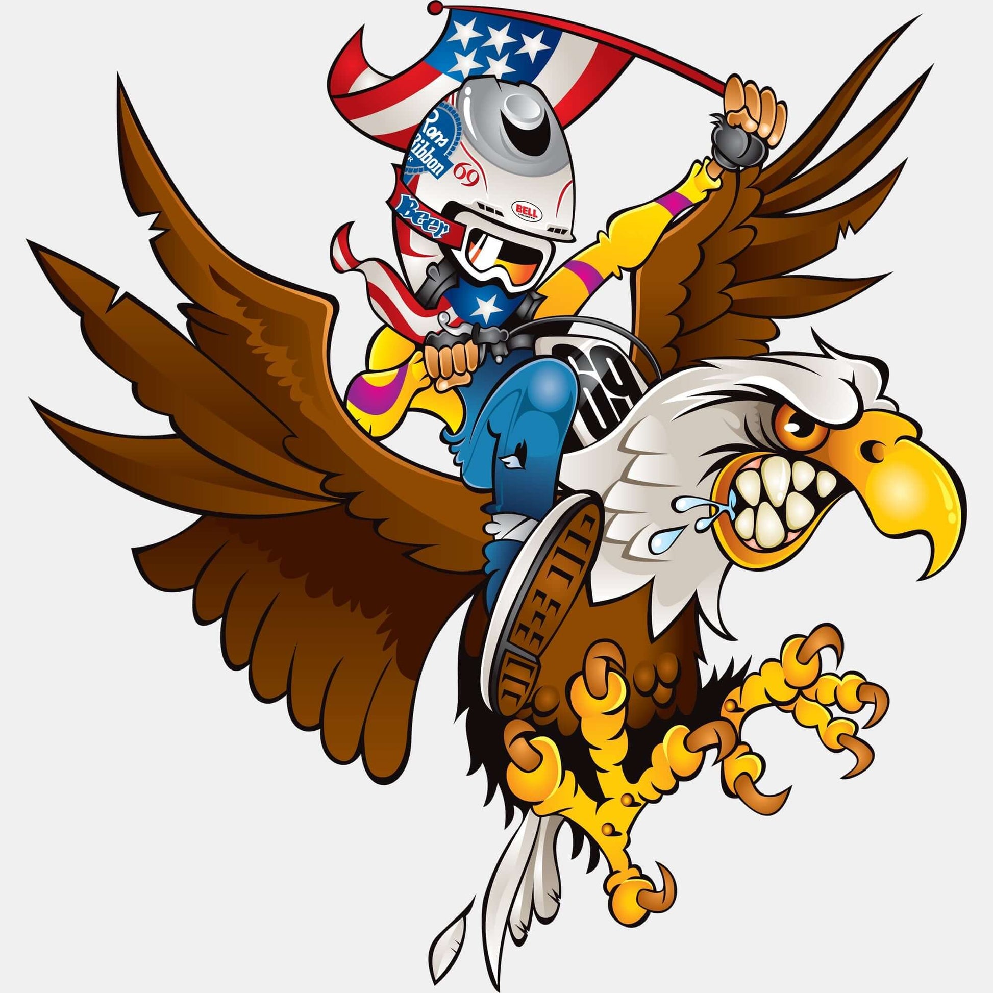 Cartoon of a person riding a fierce eagle, wearing a helmet with stars and stripes, holding a flag, capturing an adventurous spirit.